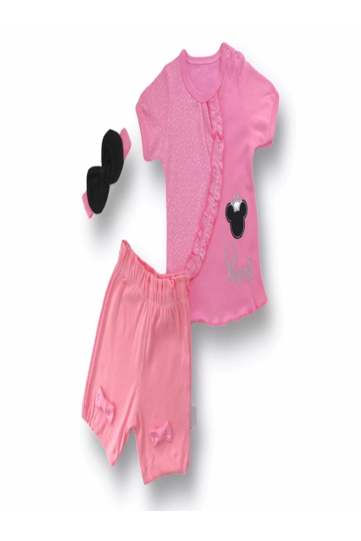 karadağsb 3-6 6-9 9-12 12-18 Ay Princess Taçlı Mickey Nakışlı Şort Tişört 3Lü Kız Bebek Takımı