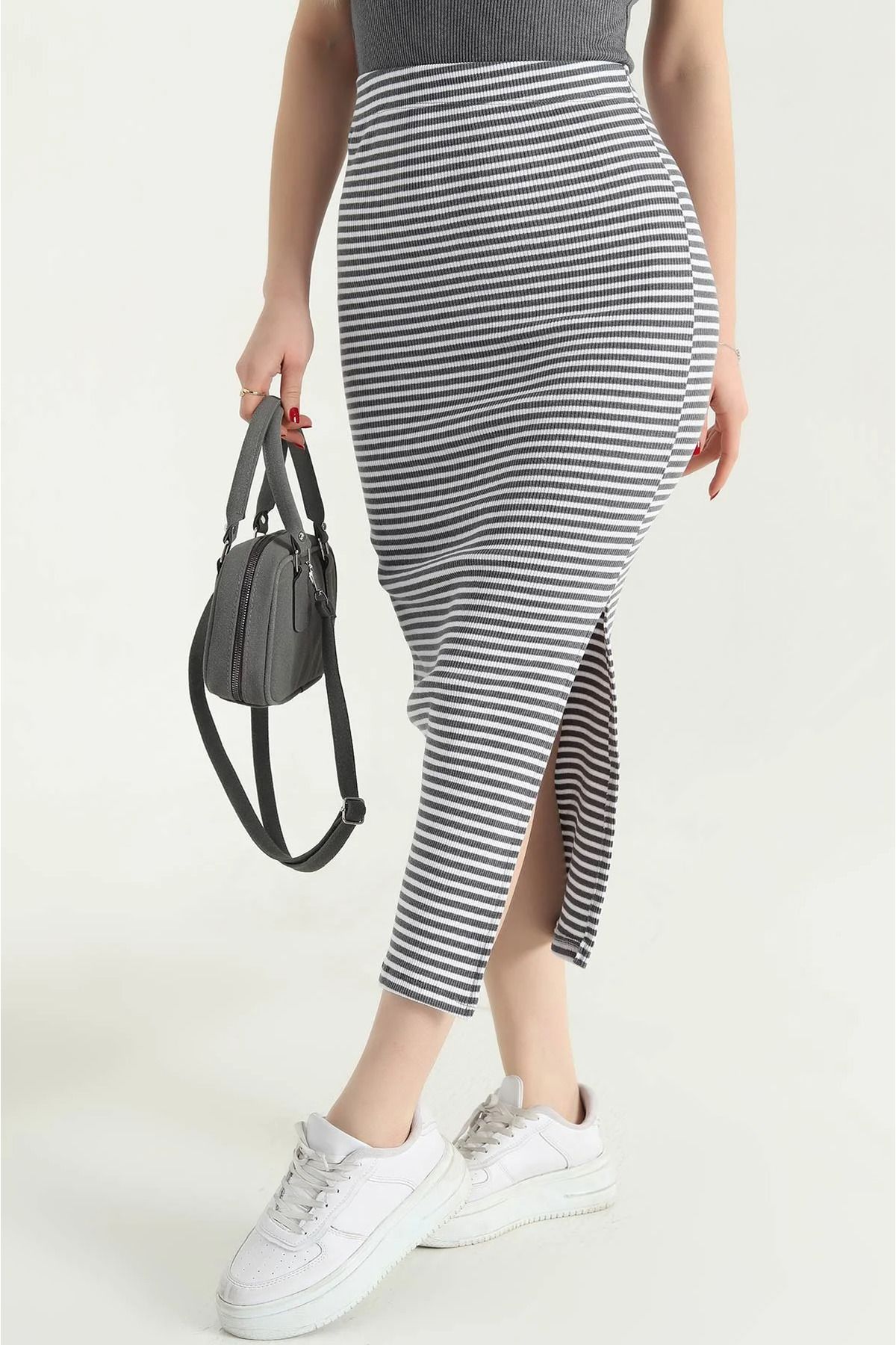 vuvutasarım-New Season Smoked Ribbed Striped Slit Skirt 2