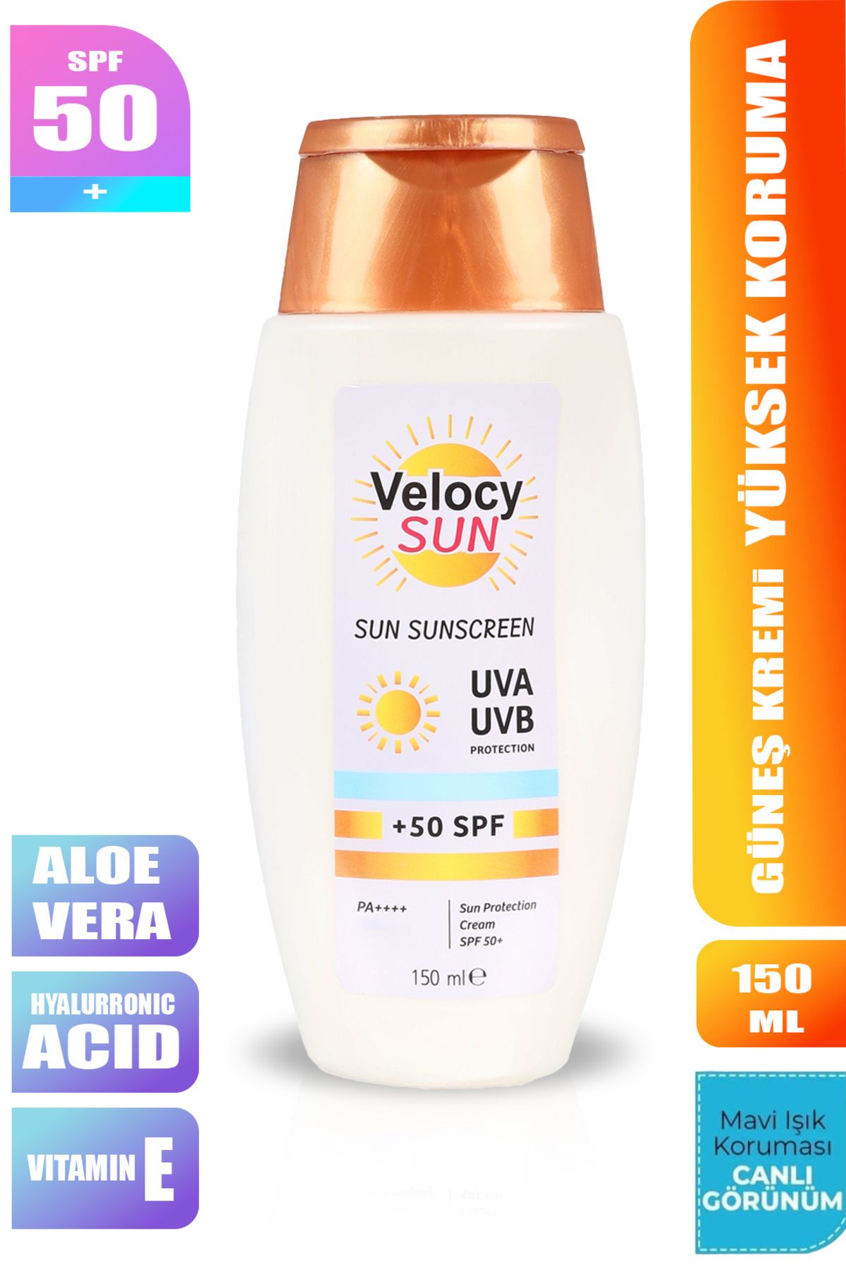 VELOCY SUN Güneş Kremi Yüksek Korumalı Spf 50+ 150 ML aydınlatıcı Aloe Vera + E vitamini