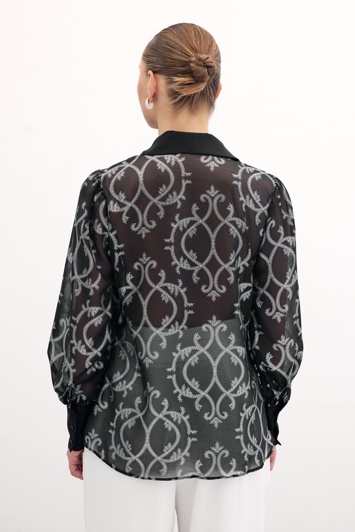 Sateen-Chiffon Shirt with Wide Cuffs - Black 6