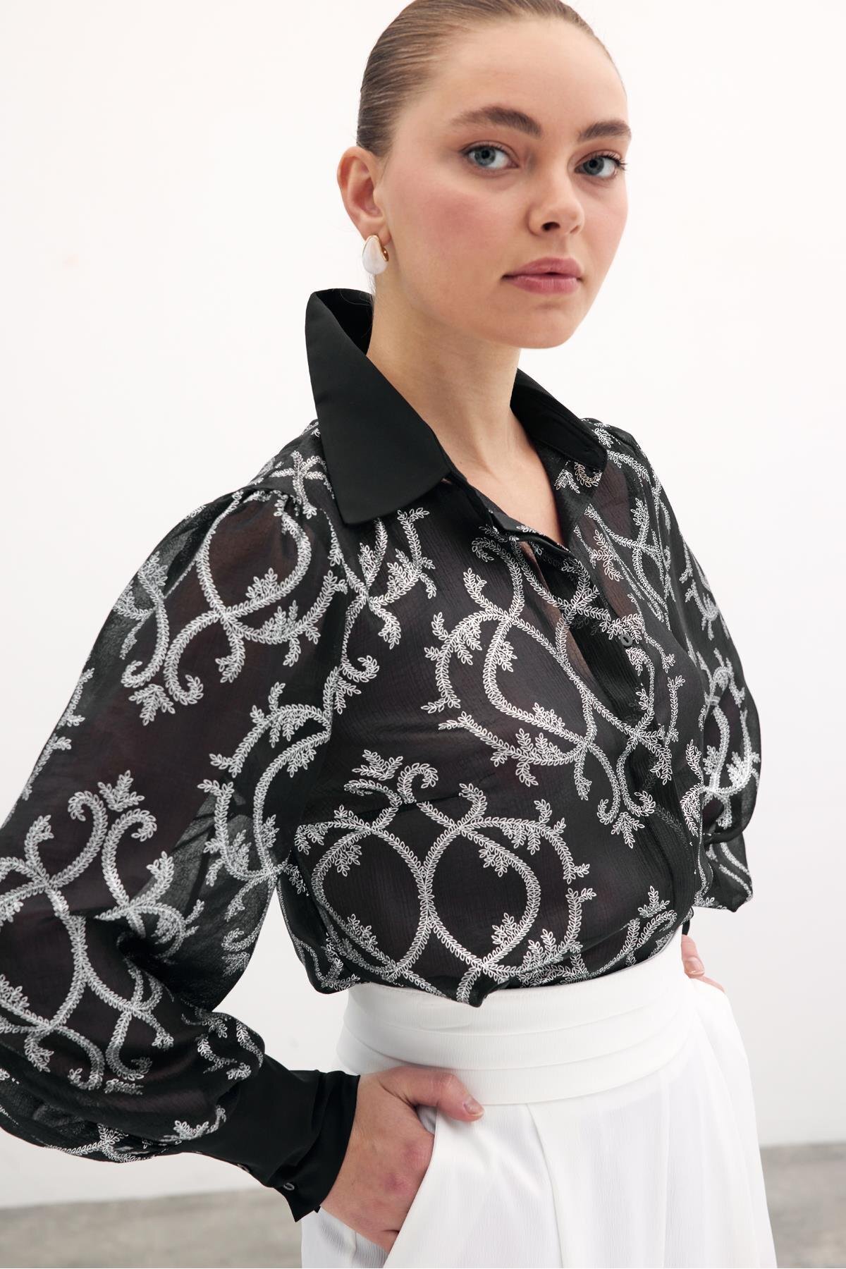 Sateen-Chiffon Shirt with Wide Cuffs - Black 5