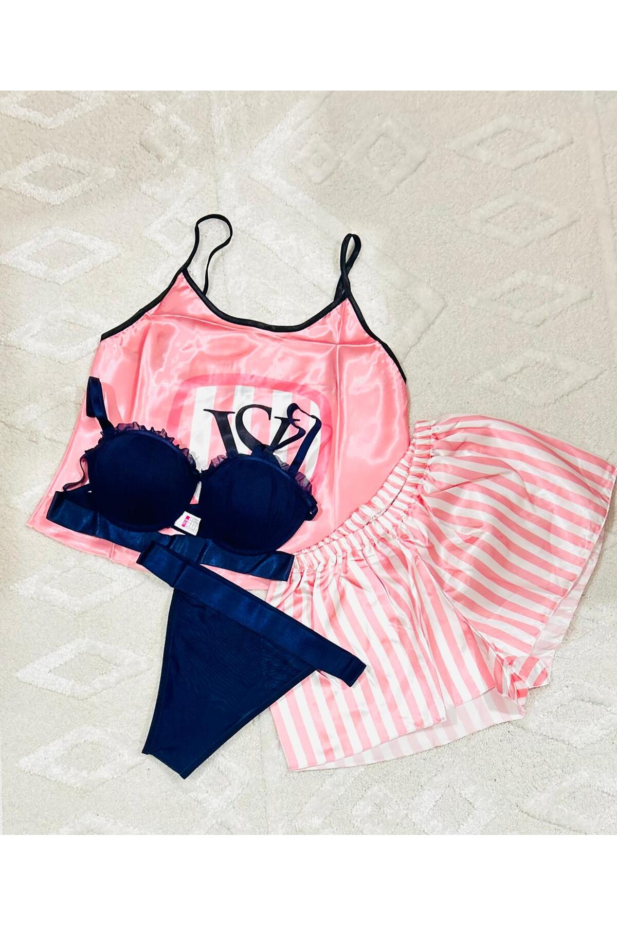 Kelebeklingerie VS 4 ' LÜ SATEN GECELİK TAKIM KISA ŞORT VE SÜTYEN TAKIM