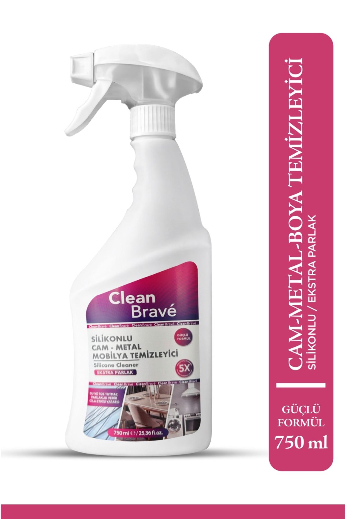 CleanBrave Silikonlu Cam, Metal, Mobilya Temizleyici 750 ml