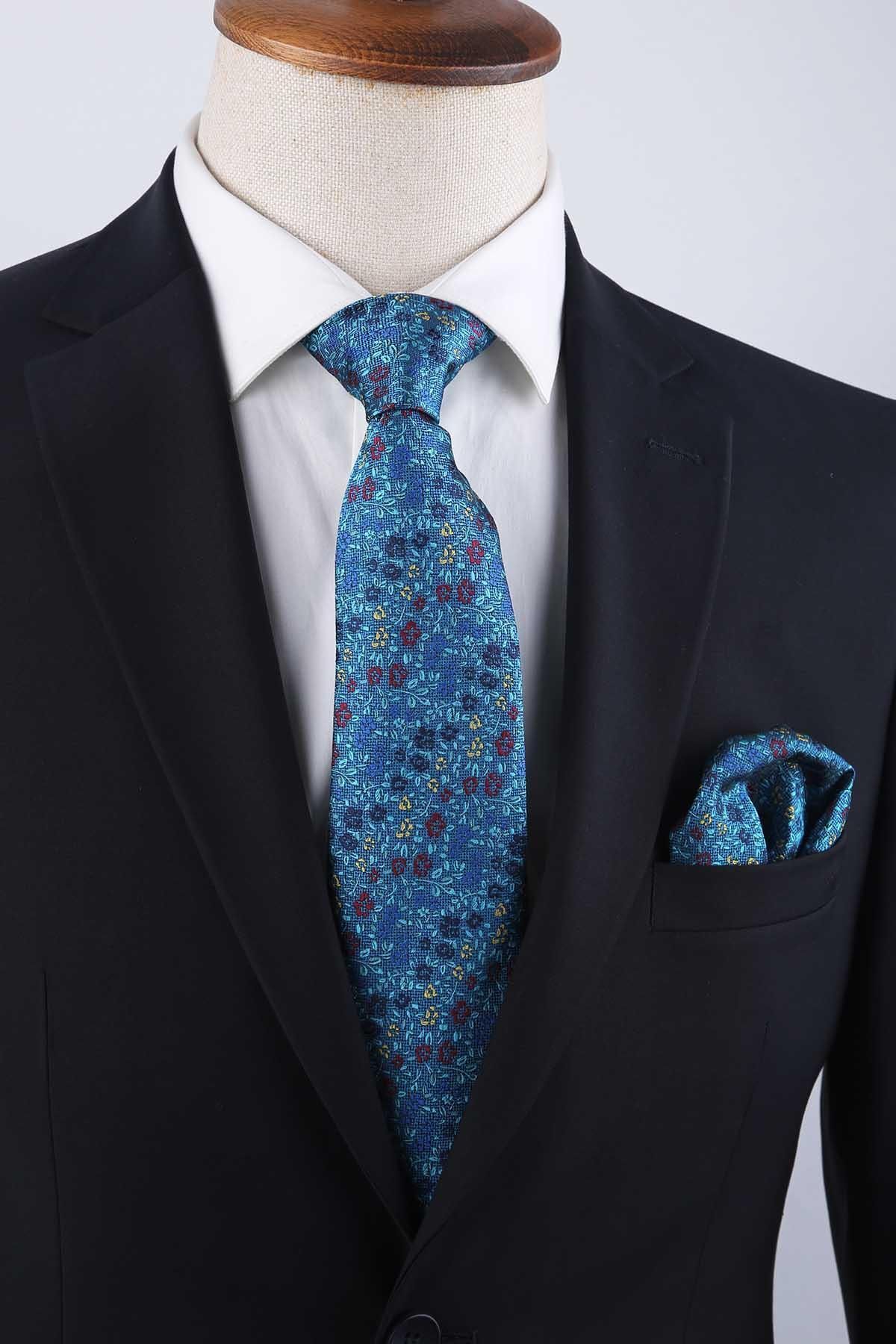 Kravatkolik-Turquoise Flower Pattern Classic Tie with Handkerchief Kk13156 5