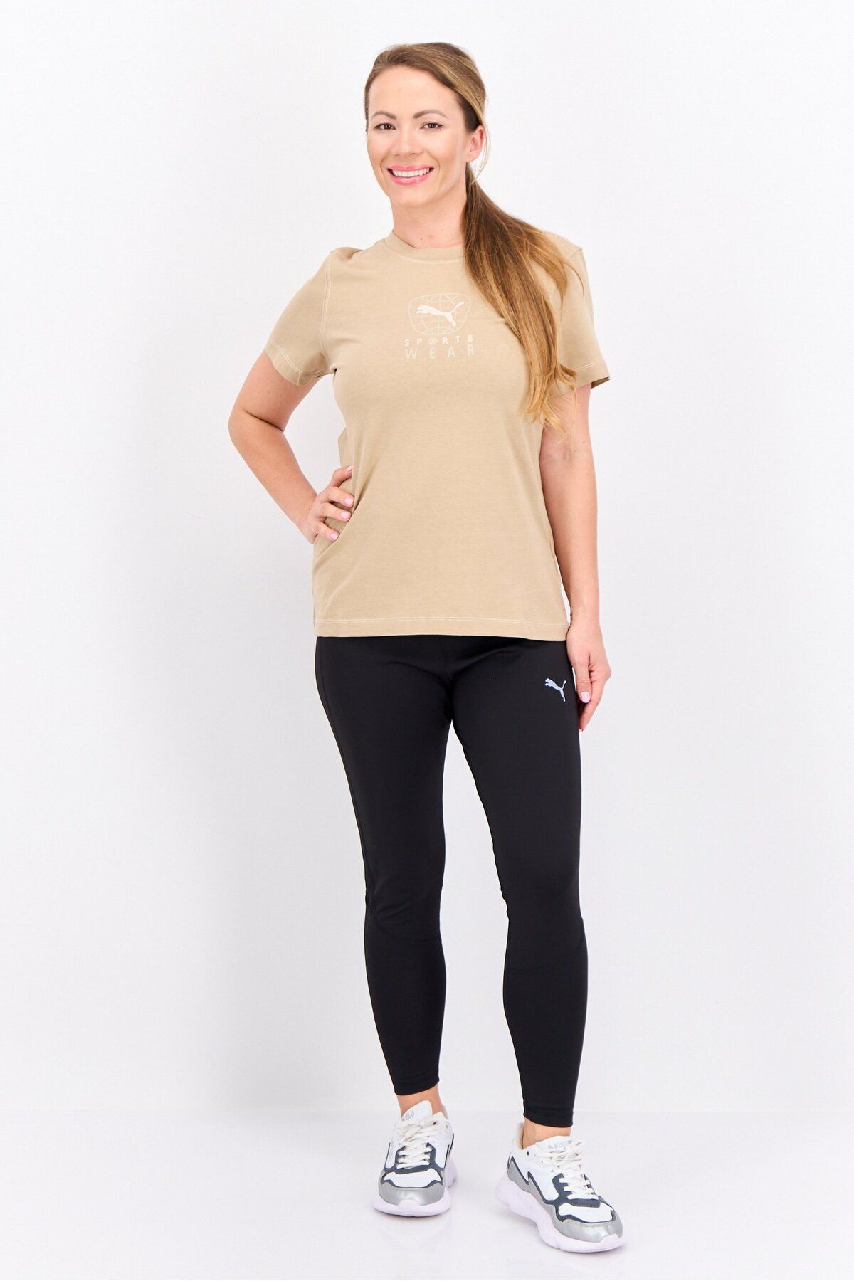 Puma-Women Sportswear Fit Brand Logo Training Top, Tan 4