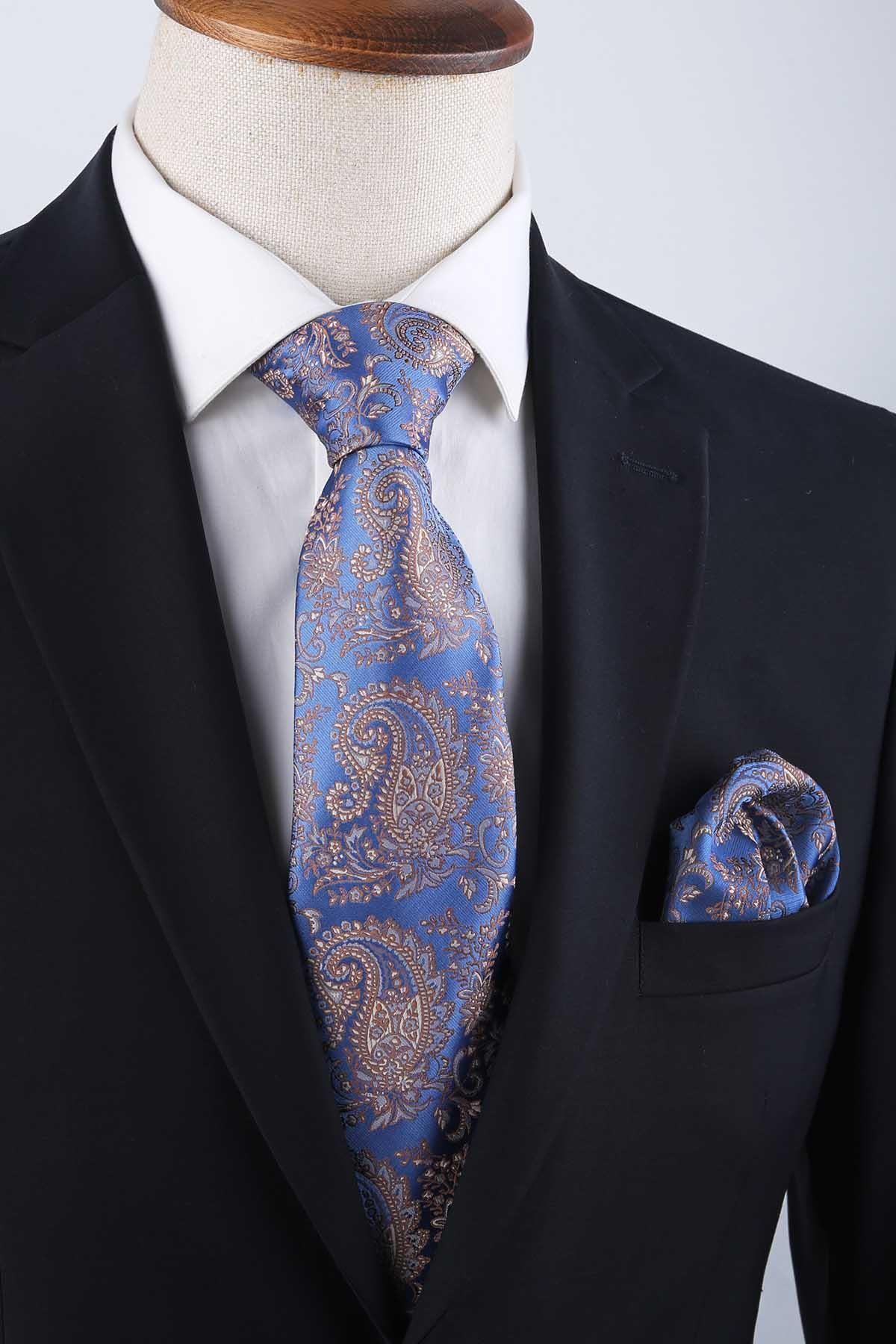 Kravatkolik-Classic Tie with Blue Paisley Pattern Handkerchief Kk13125 5