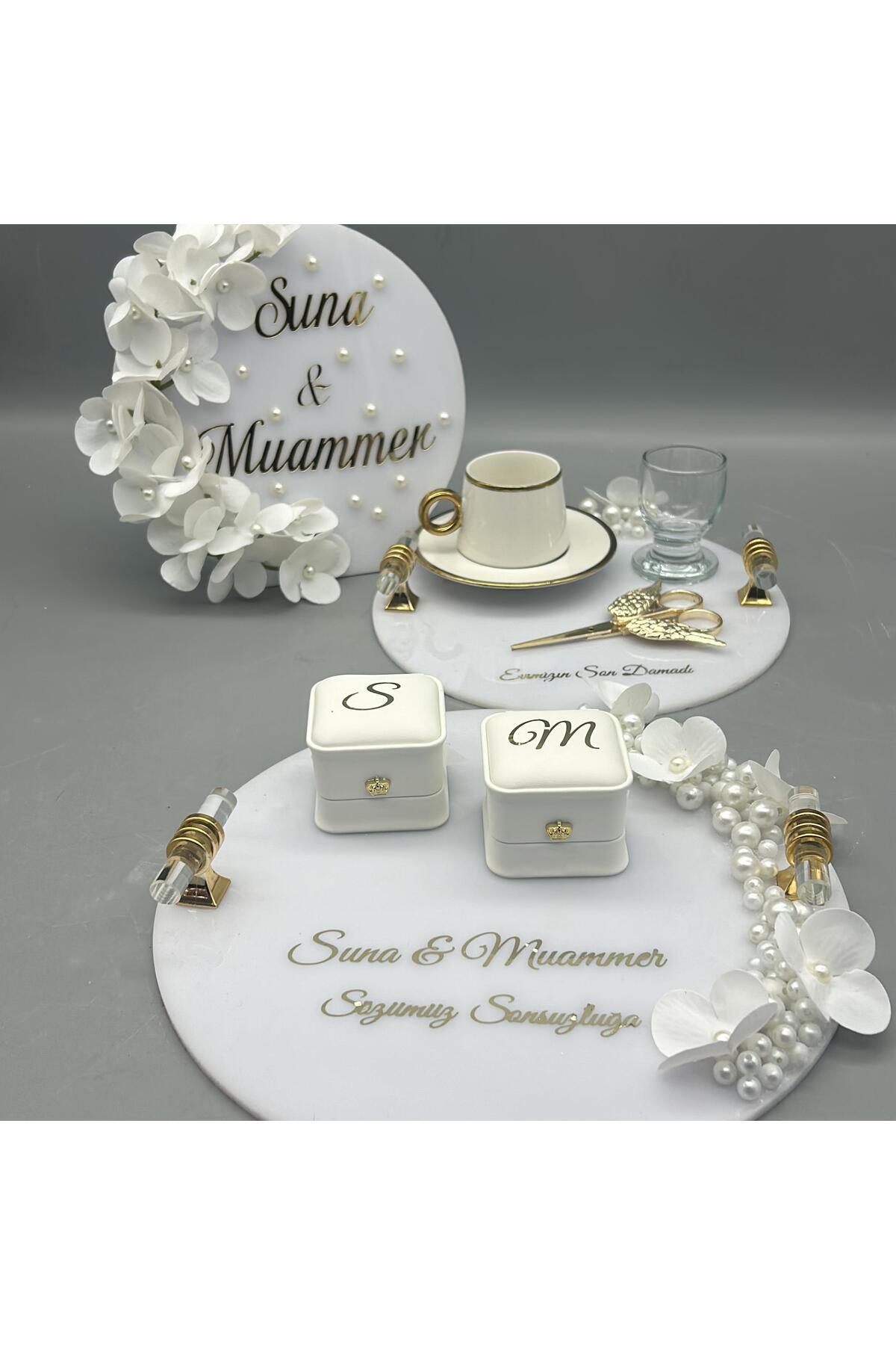 gifthomeshop Söz ve Damat Kahvesi Tepsisi ve İsimli Süs 3'lü Set - İncili Beyaz Yuvarlak Tepsi, Varak Süsleme, Ka