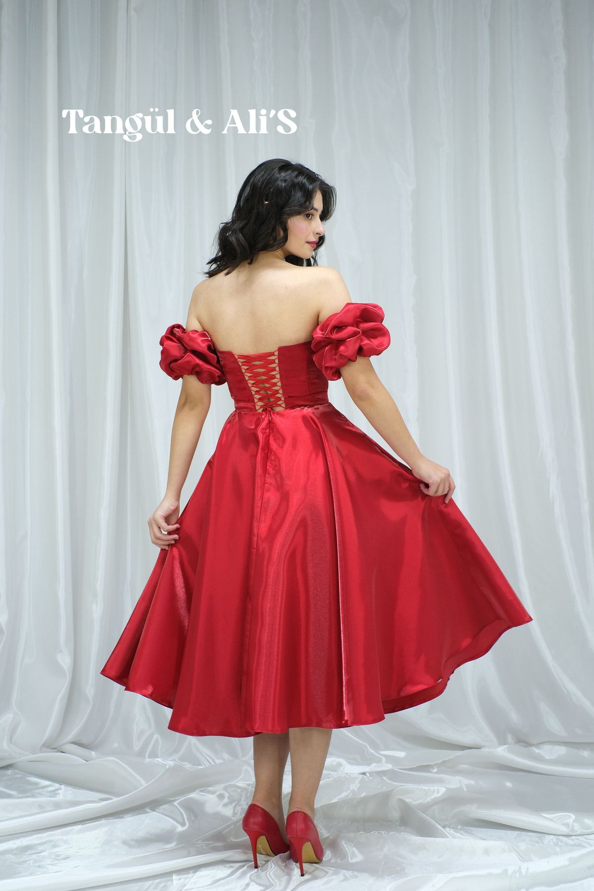 Tangül&Ali'S Moda Evi-Satin Red Midi Dress with Pockets 3