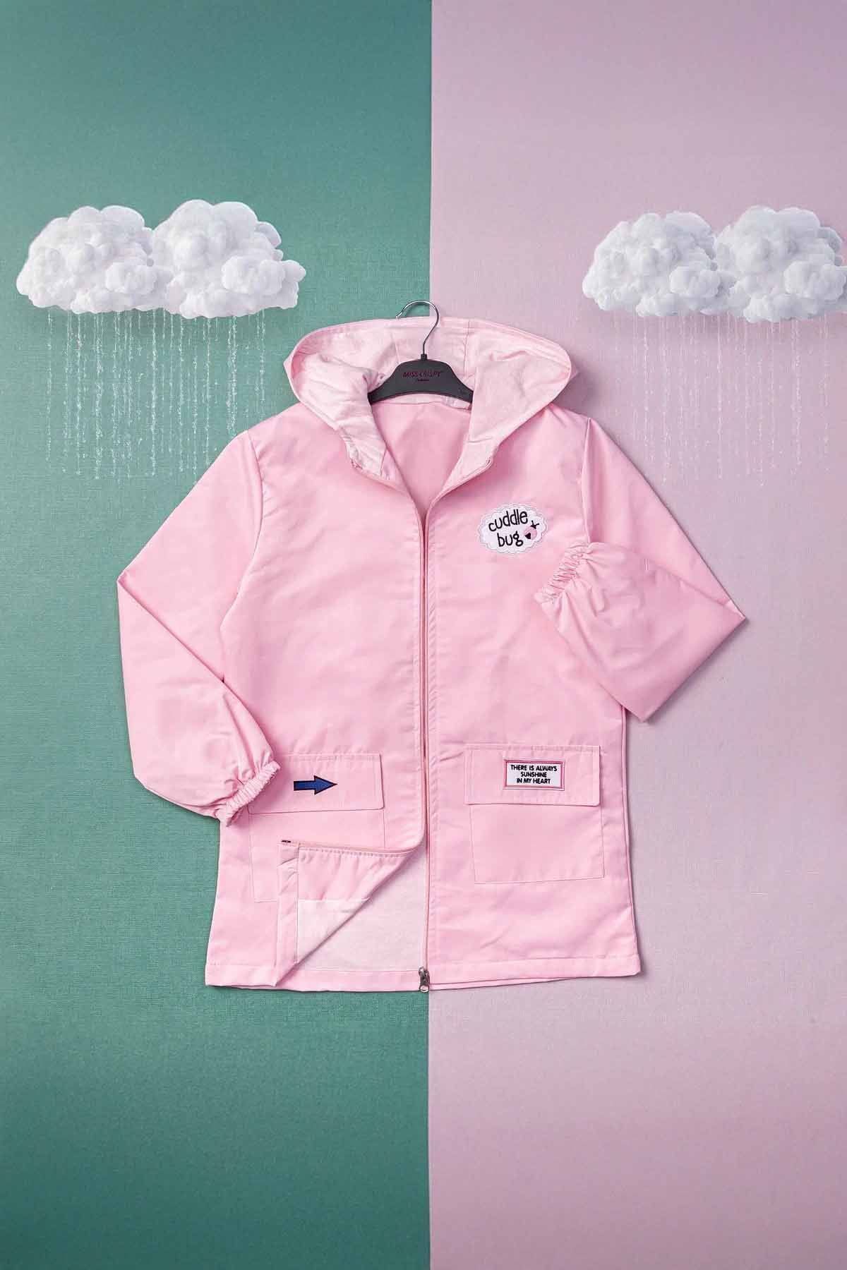 Minigimin Cicileri-9-12 Years Old Girl Embroidered Cuddle My Little - Pink Lined Seasonal Raincoat 1