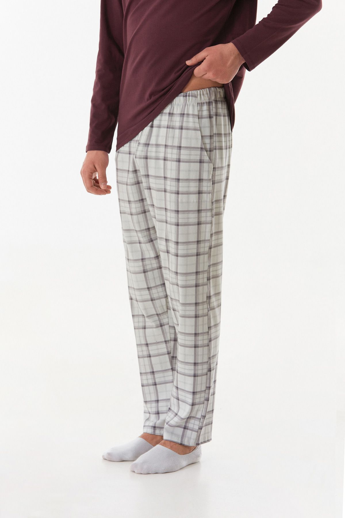Fulla Moda-Text Printed Half Button Plaid Pajama Set 5