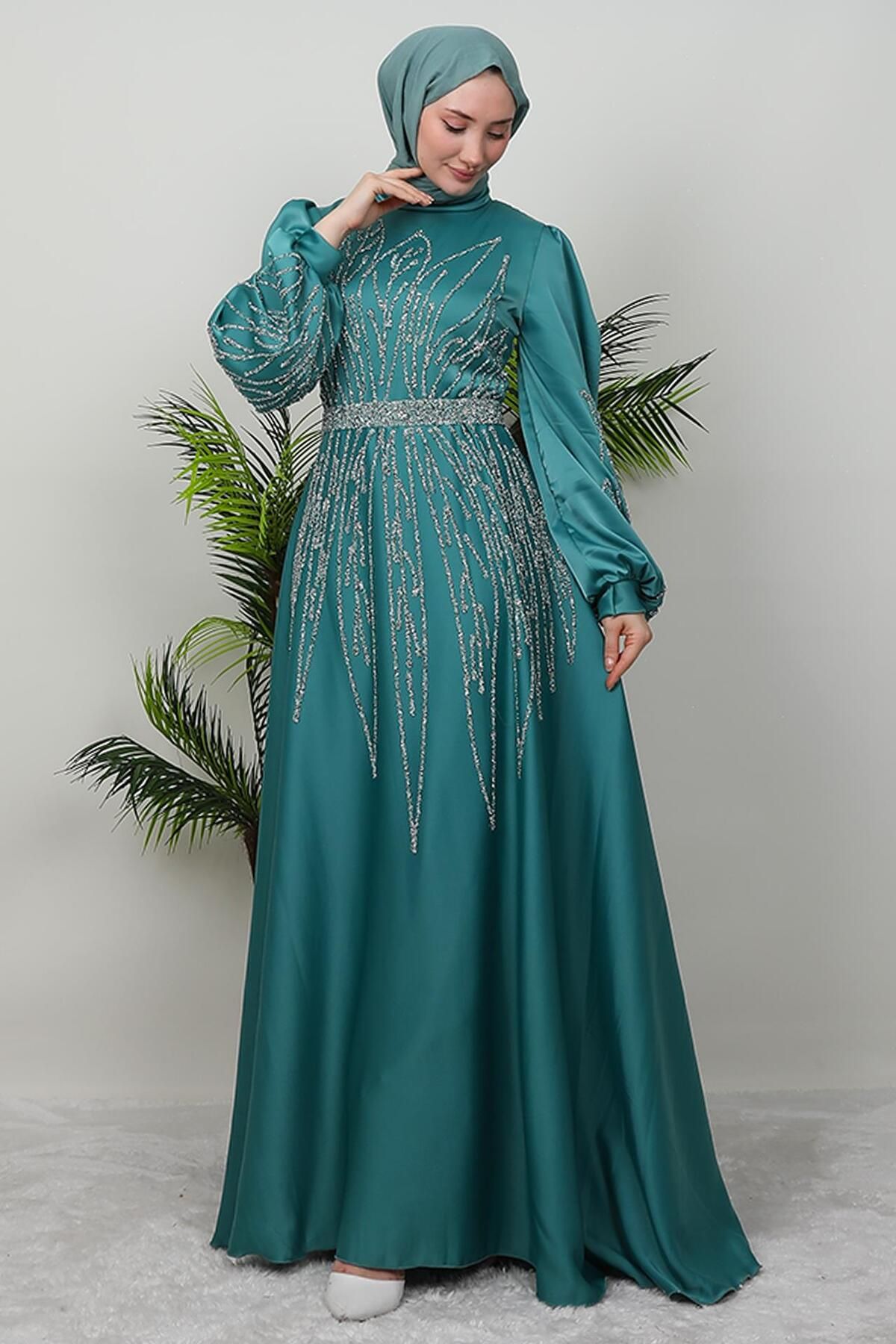 giz astore-İkbal Stone Satin Evening Dress Mint 2