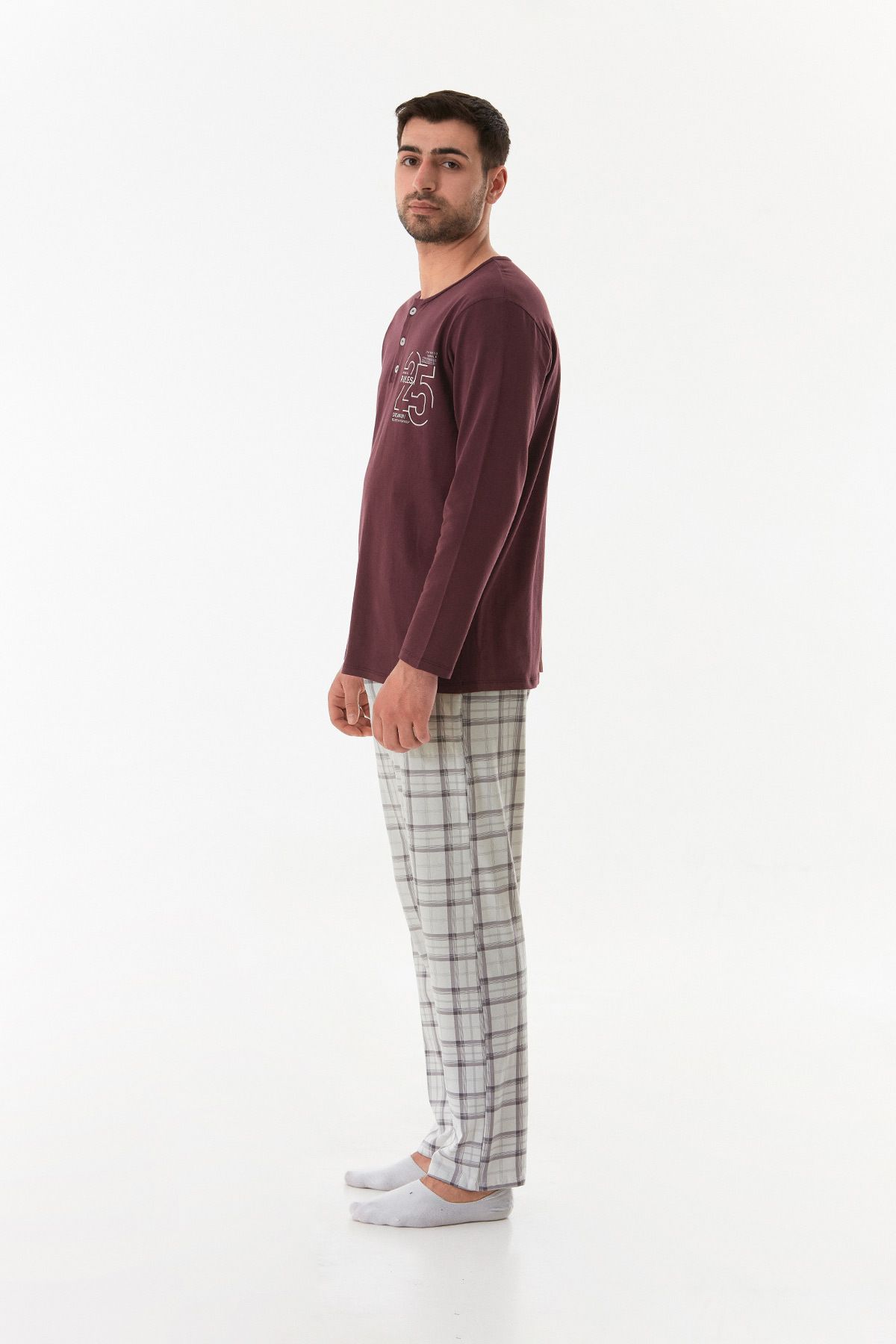 Fulla Moda-Text Printed Half Button Plaid Pajama Set 2