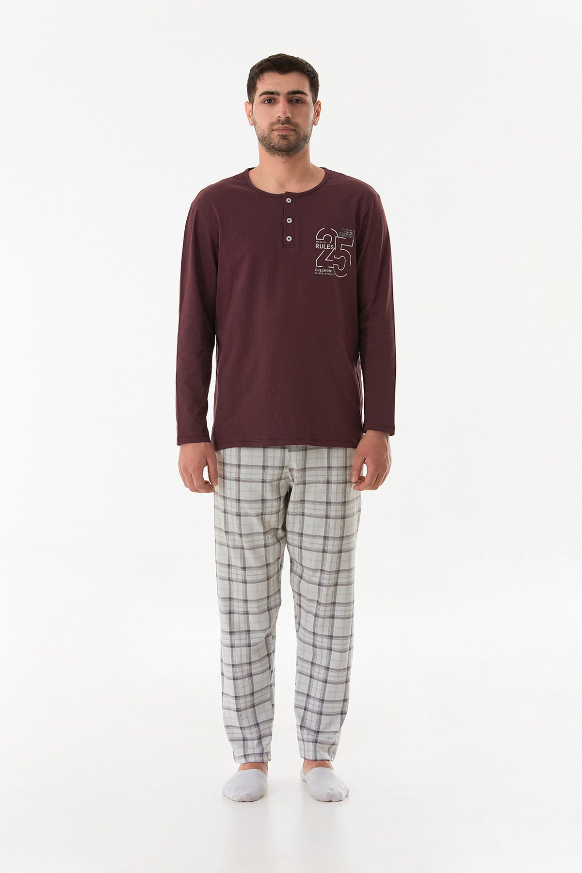 Fulla Moda-Text Printed Half Button Plaid Pajama Set 7