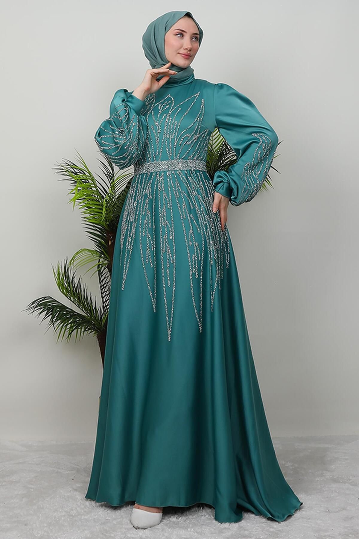 giz astore-İkbal Stone Satin Evening Dress Mint 1