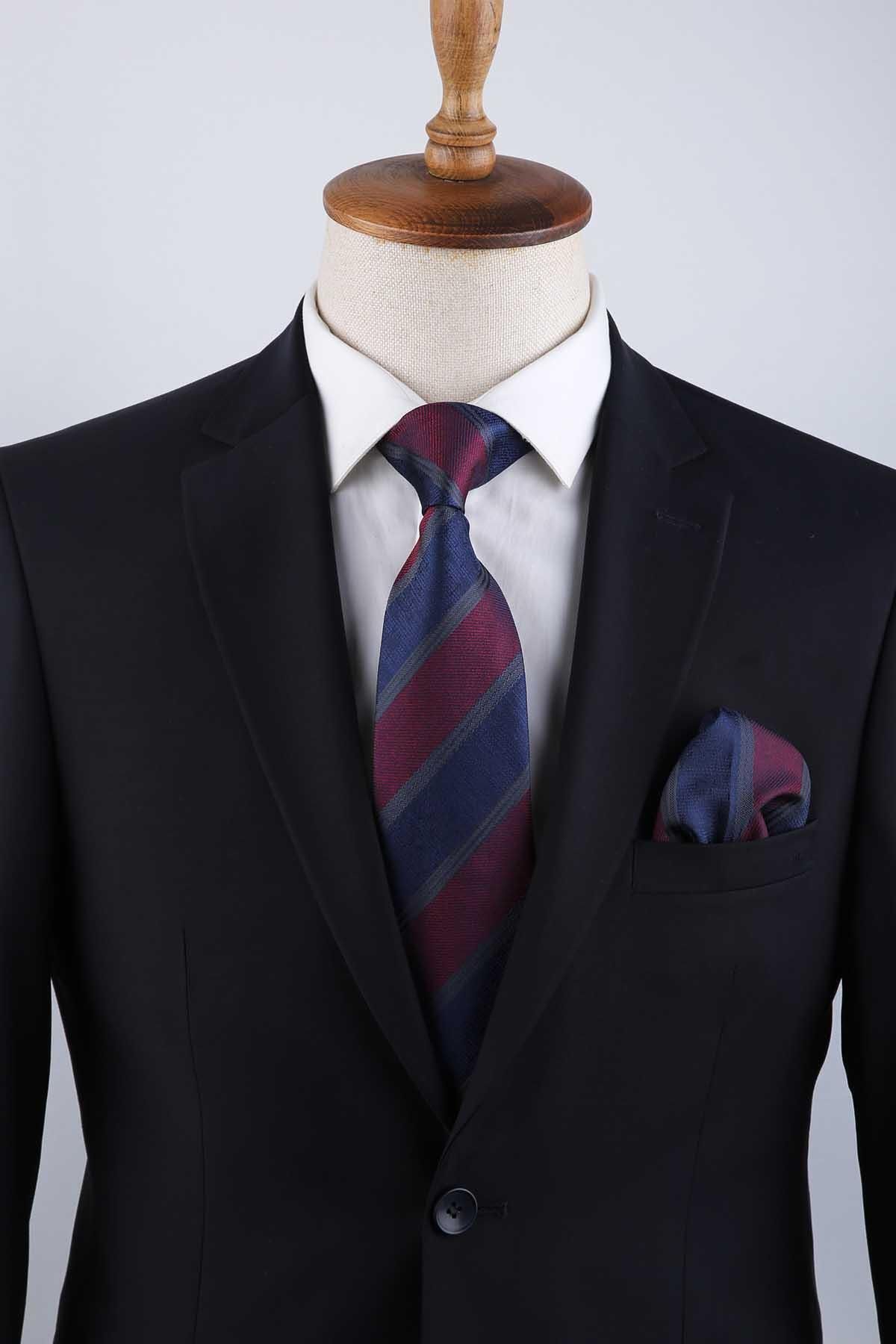 Kravatkolik-Claret Red - Navy Blue Stripe Pattern Classic Tie with Handkerchief Kk13151 3