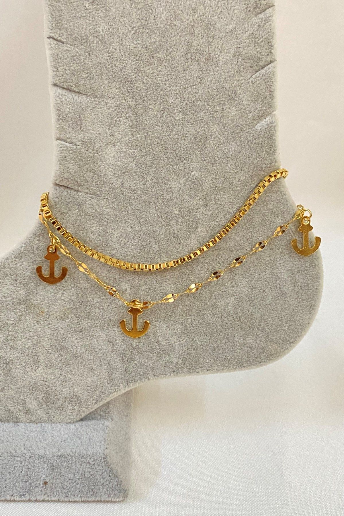 X-Lady Accessories Altın Renk Çapa Model Asansör Ve Singapur Zincir Çelik Halhal - 3231