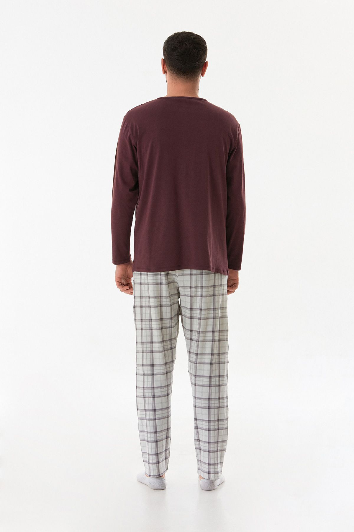 Fulla Moda-Text Printed Half Button Plaid Pajama Set 3