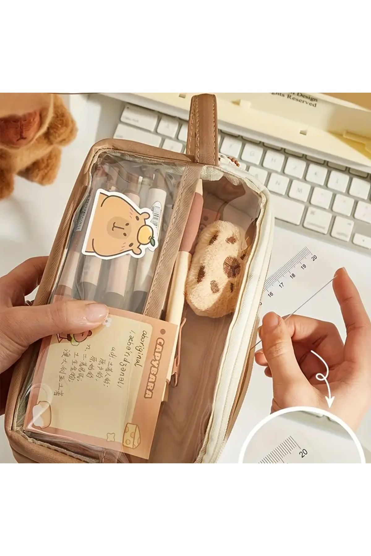BABUN-7 Piece Large Wide Capacity Capybara Pen Holder Set with Sticker Notepad Pen Case 3