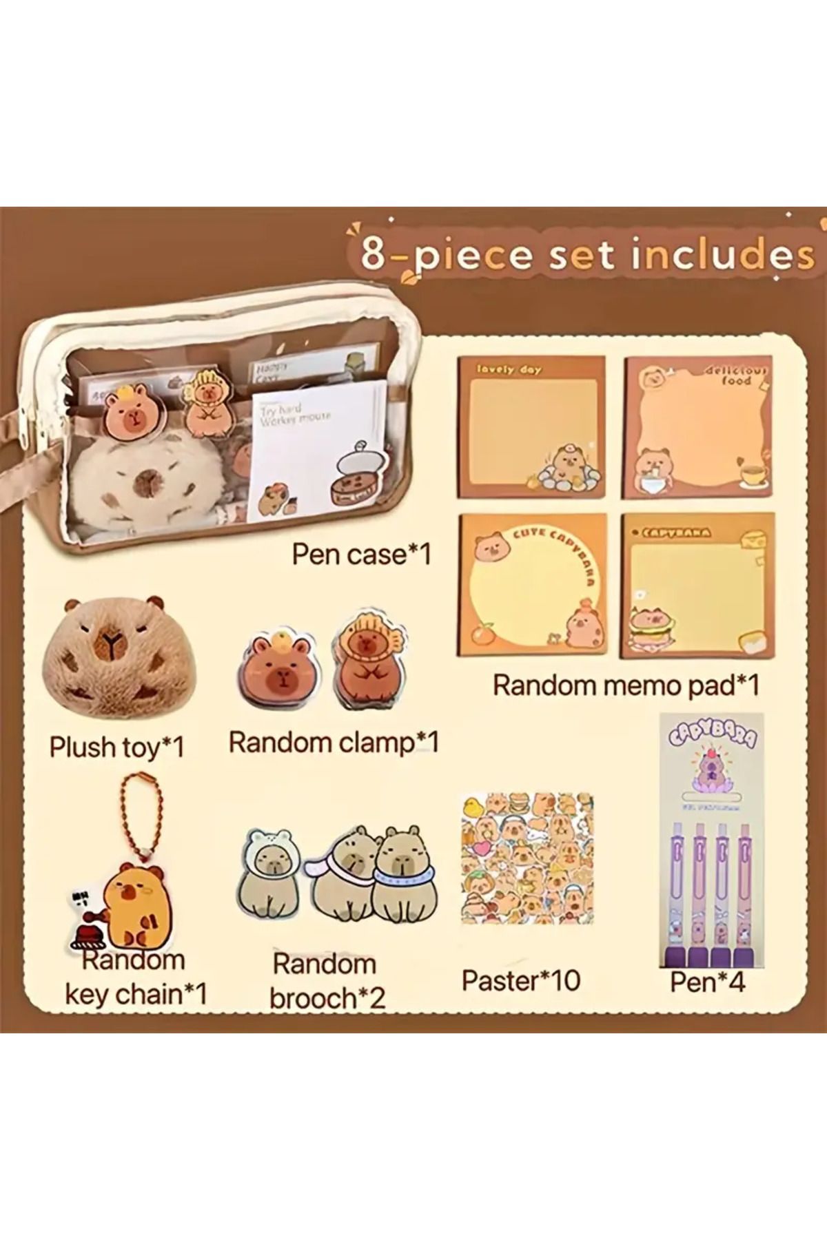 BABUN-7 Piece Large Wide Capacity Capybara Pen Holder Set with Sticker Notepad Pen Case 6