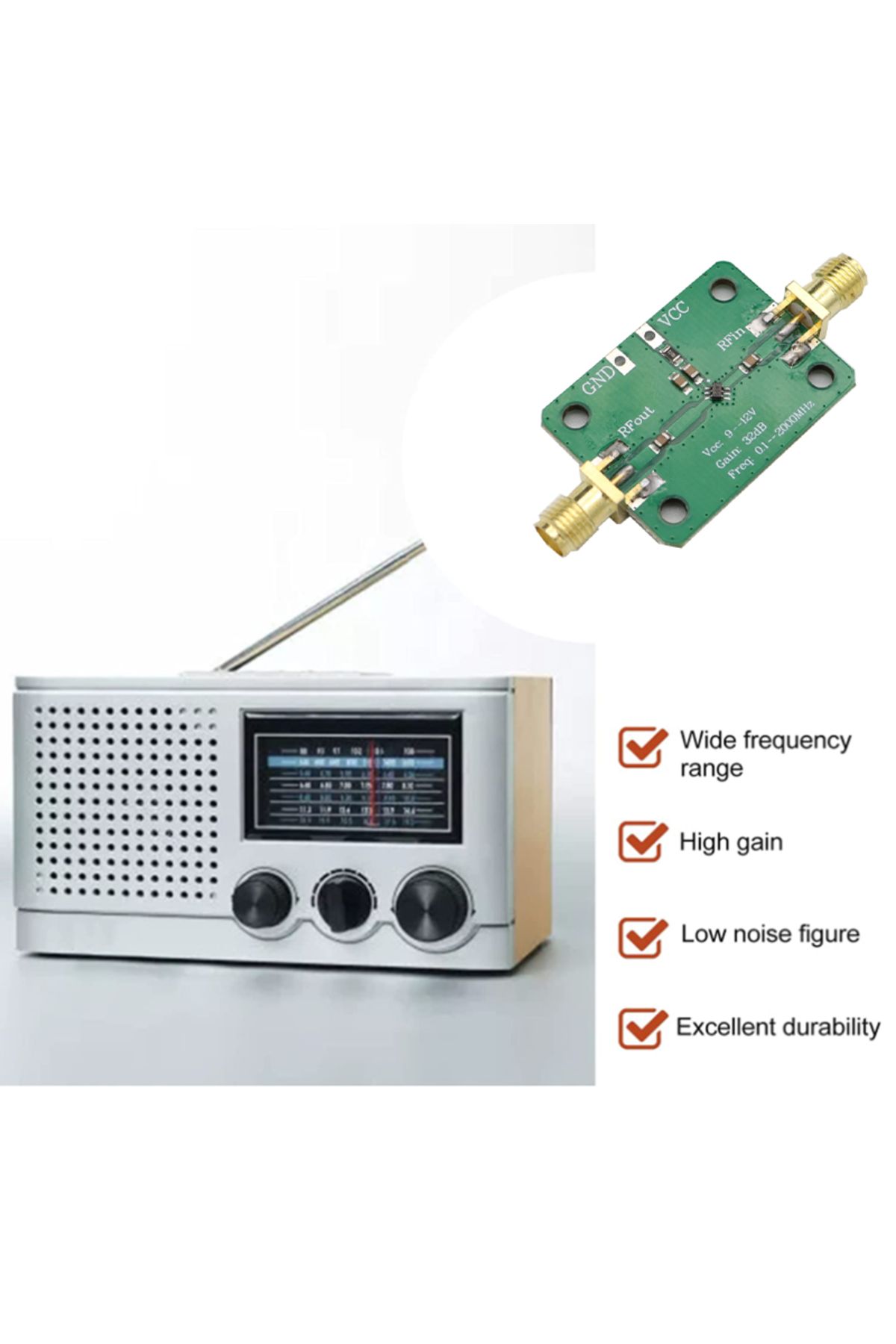 mythtiger-LNA 0.1-2000MHz 32dB RF Amplifier 9-12V 27mA Low noise used to amplify FM HF VHF UHF radio signals 4