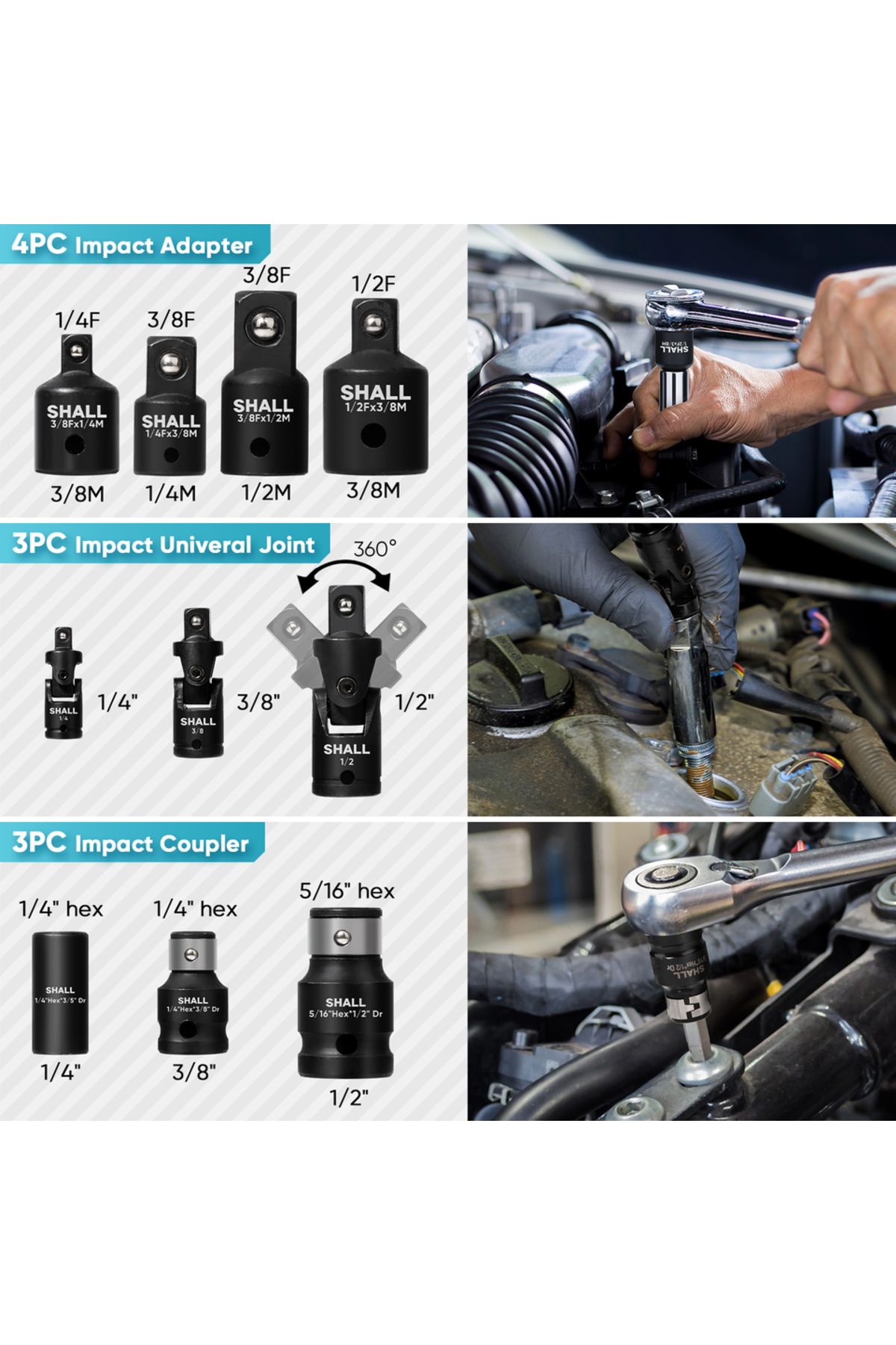 SHALL-18-Piece Drive Tool Accessory Set 1/4" 3/8" 1/2" Drive Impact Extension Set Socket Extensio... 3