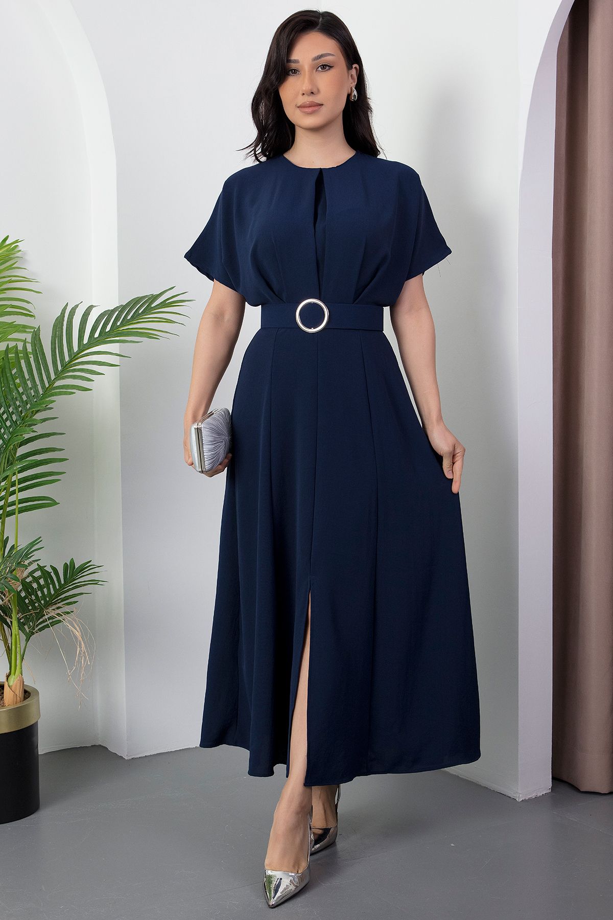 PULLIMM-Crew Neck Bat Sleeve Belt Dress Dks1055 1