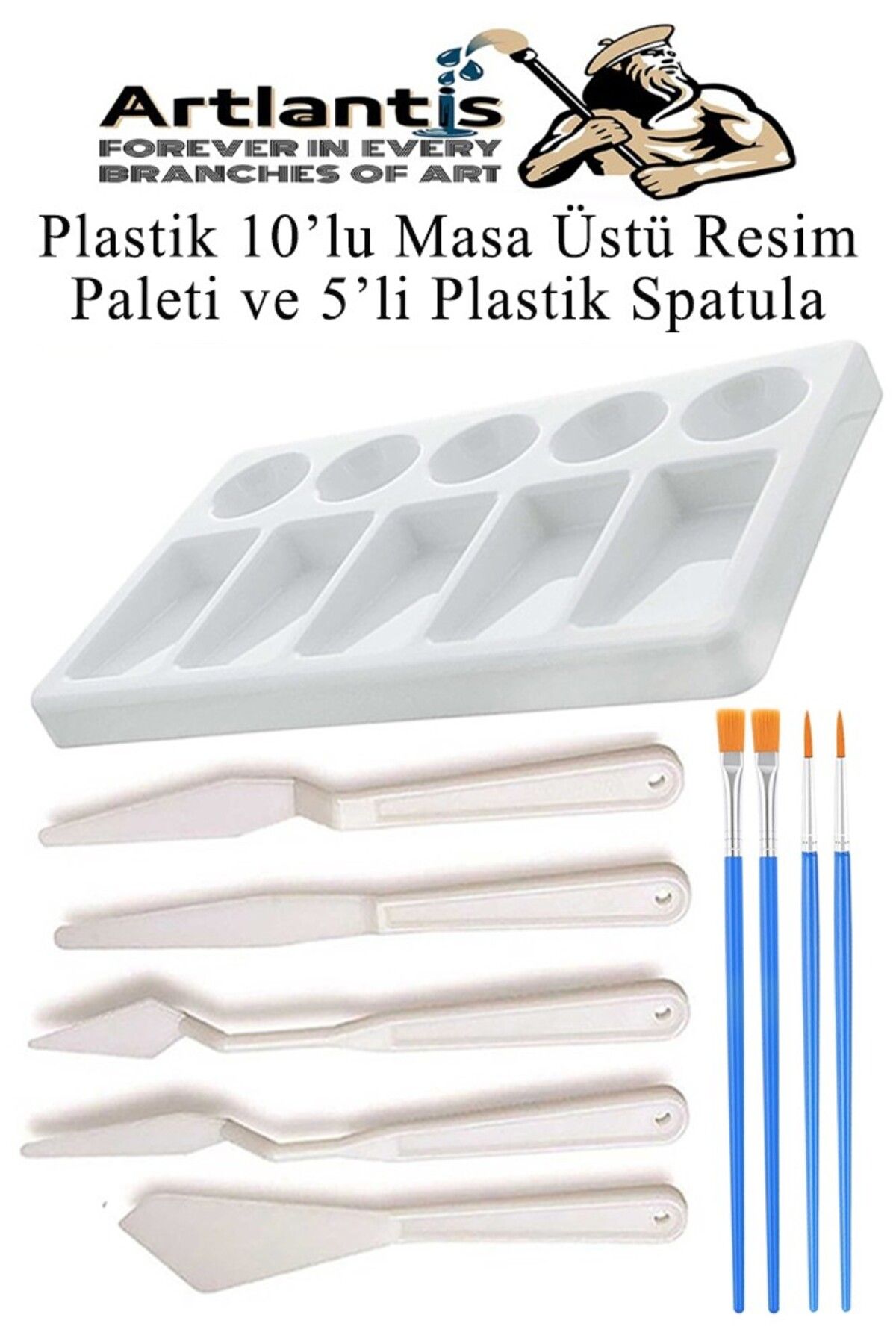 Artlantis Plastik Masa Üstü 10 Hazneli Resim Paleti 5 li Plastik Spatula ve Resim Fırçası 1 Paket Hobi Sanatsa