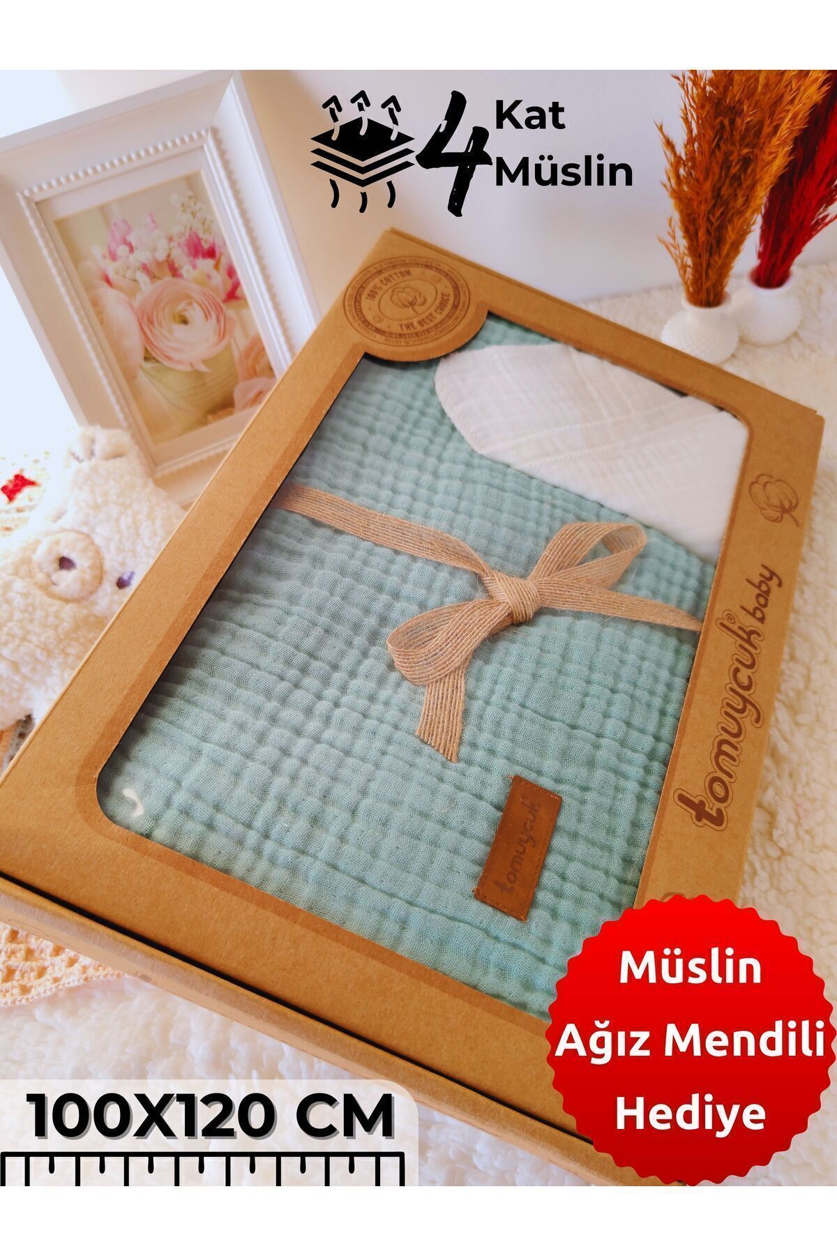 Tomuycuk 4 Kat Müslin Mint Yeşil Saçaklı Bebek Battaniyesi 100x120 Cm- %100 Pamuklu & Çok Amaçlı Battaniye fotoğrafı 2 (önizleme)