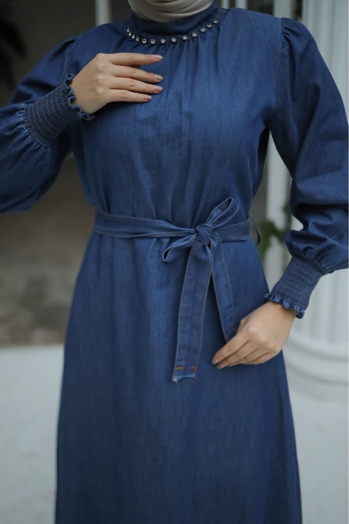 Modamorfo-Jeans Dress with Elastic Sleeves and Rhinestones -Indigo 2