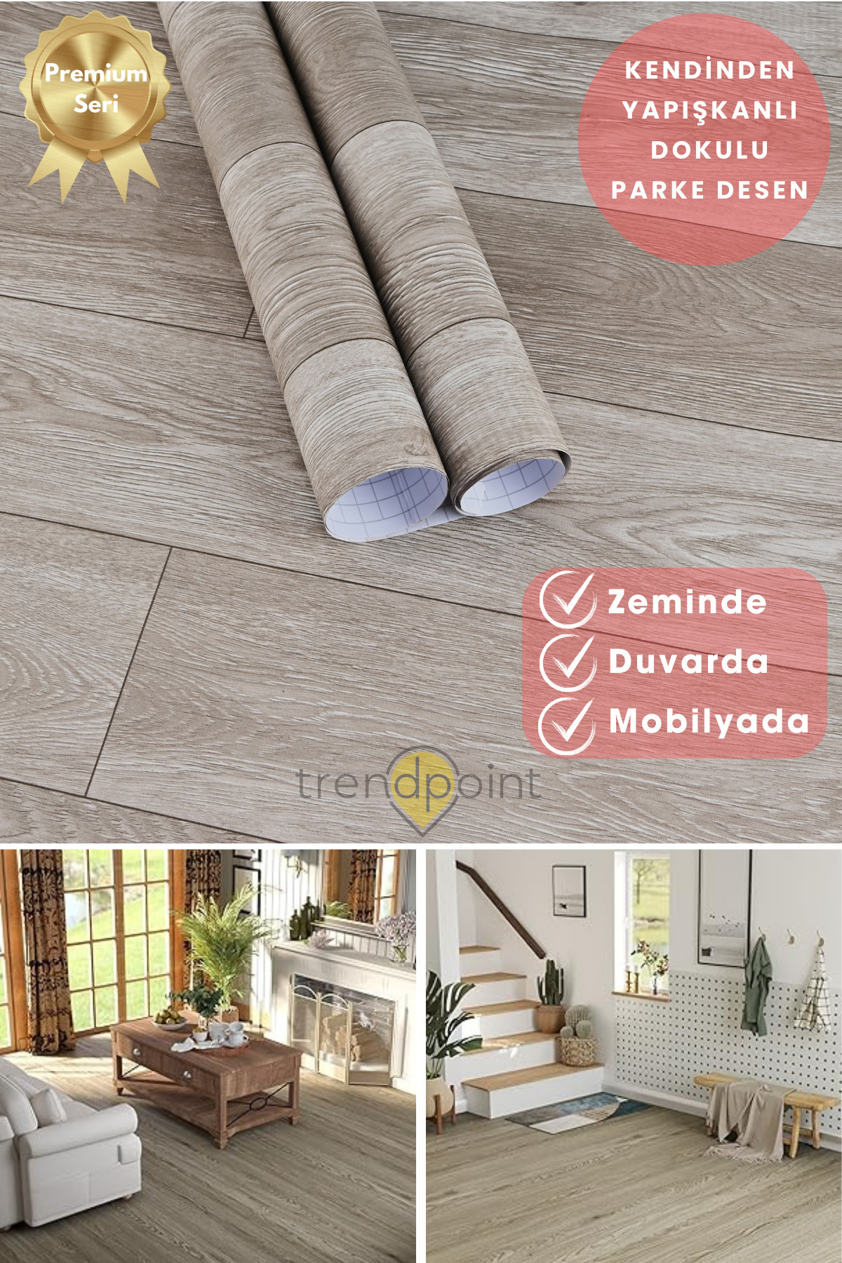 Trendpoint Kendinden Yapışkanlı 60cm×500cm Parke Görünümlü Premium Zemin Duvar Kağıdı Dolap Kaplama