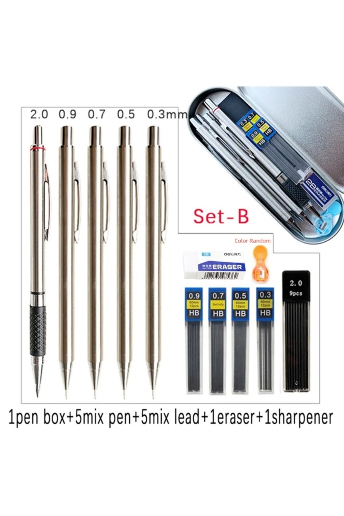 Choice-B set Metal Mechanical Pencil Set with Pen Box Lead Eraser Pencil Sharpener Set 0.3 0.5 0.7 0.9 1.3 1