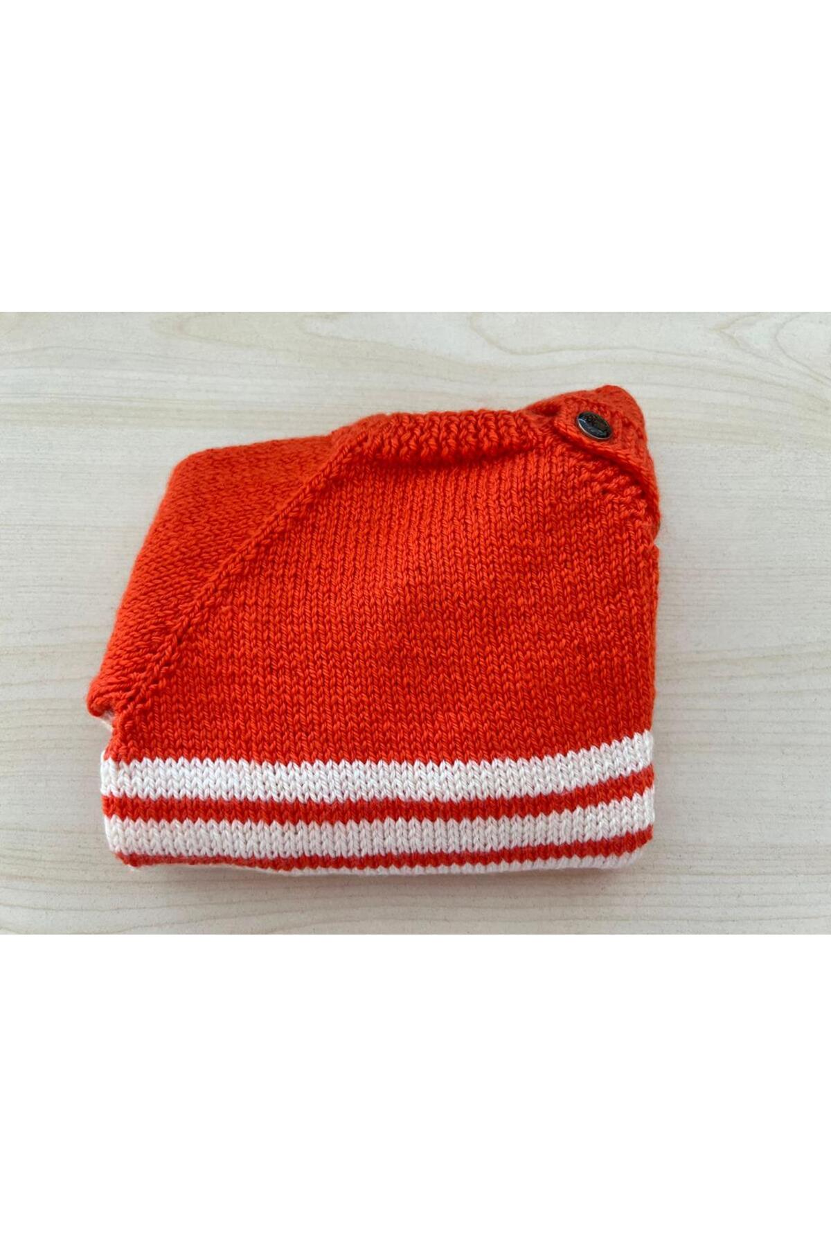 Mersin Alzheimer Derneği Turuncu renk beyaz çizgili el örgüsü unıxes kazak(6-9ay) fotoğrafı 4 (önizleme)