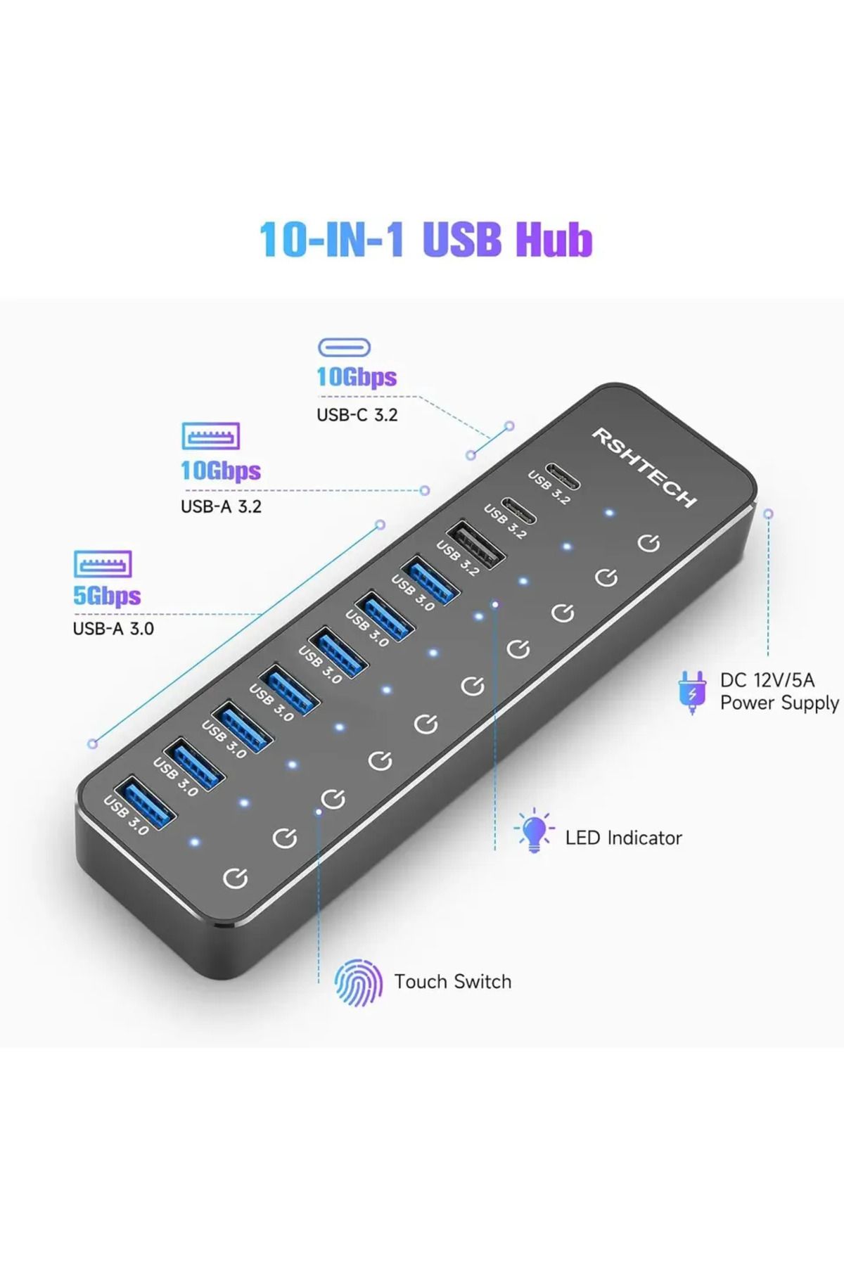 Choice-Eu Plug Adapter Rshtech Usb Hub 10-port Usb C Hubs 60w With 10gbps Data Transfer Ports Individual To 2