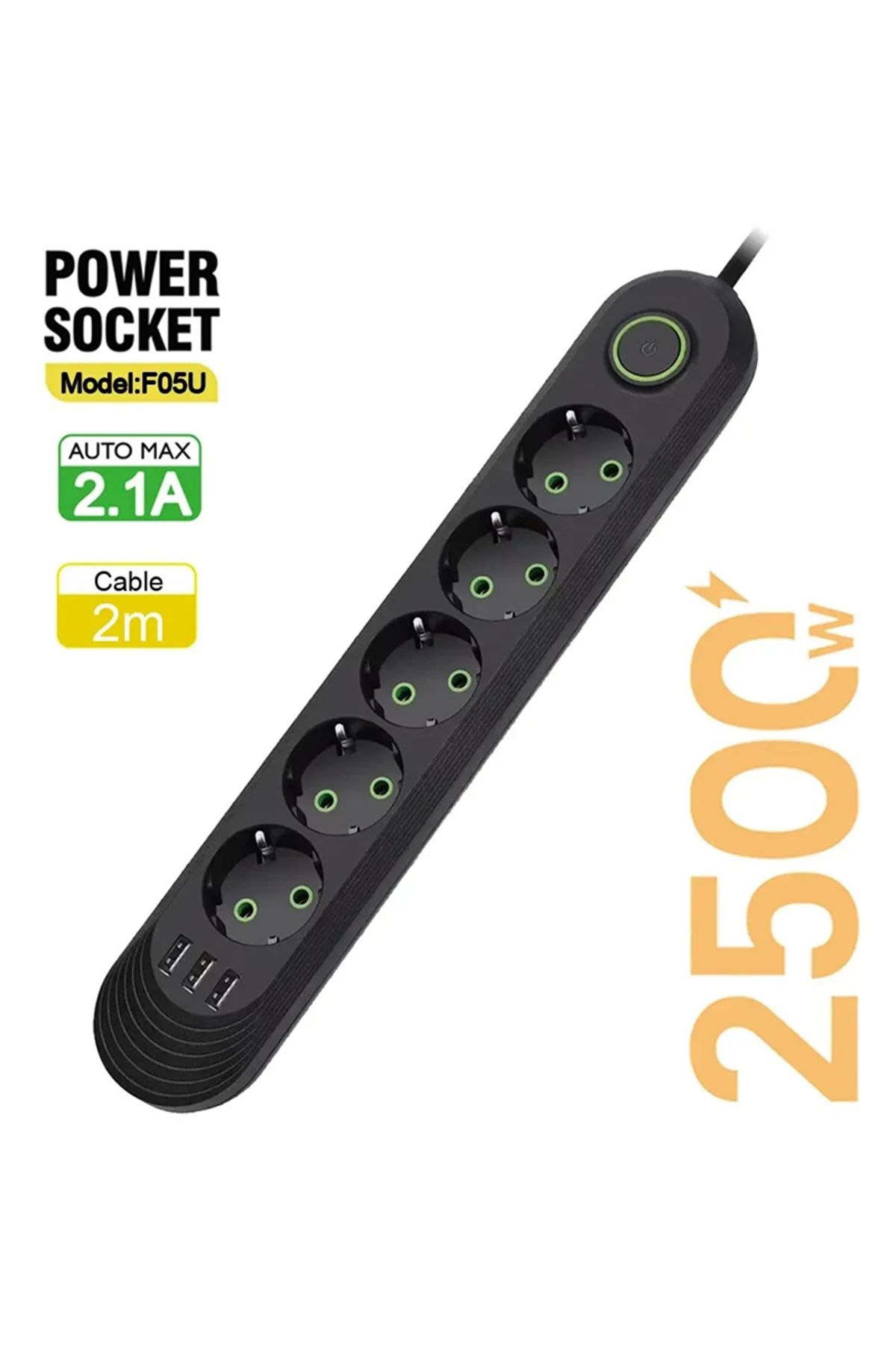 XMSJ-EU Plug 5AC Black 2500W EU Plug AC Outlet Multiprise Power Strip 2M Extension Cord Electrical Socket 1