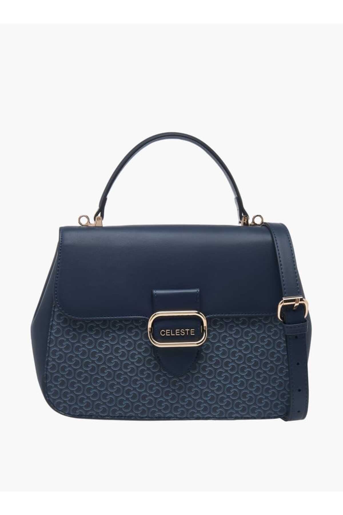Celeste-Monogram Print Satchel Bag with Grab Handle and Button Closure 1