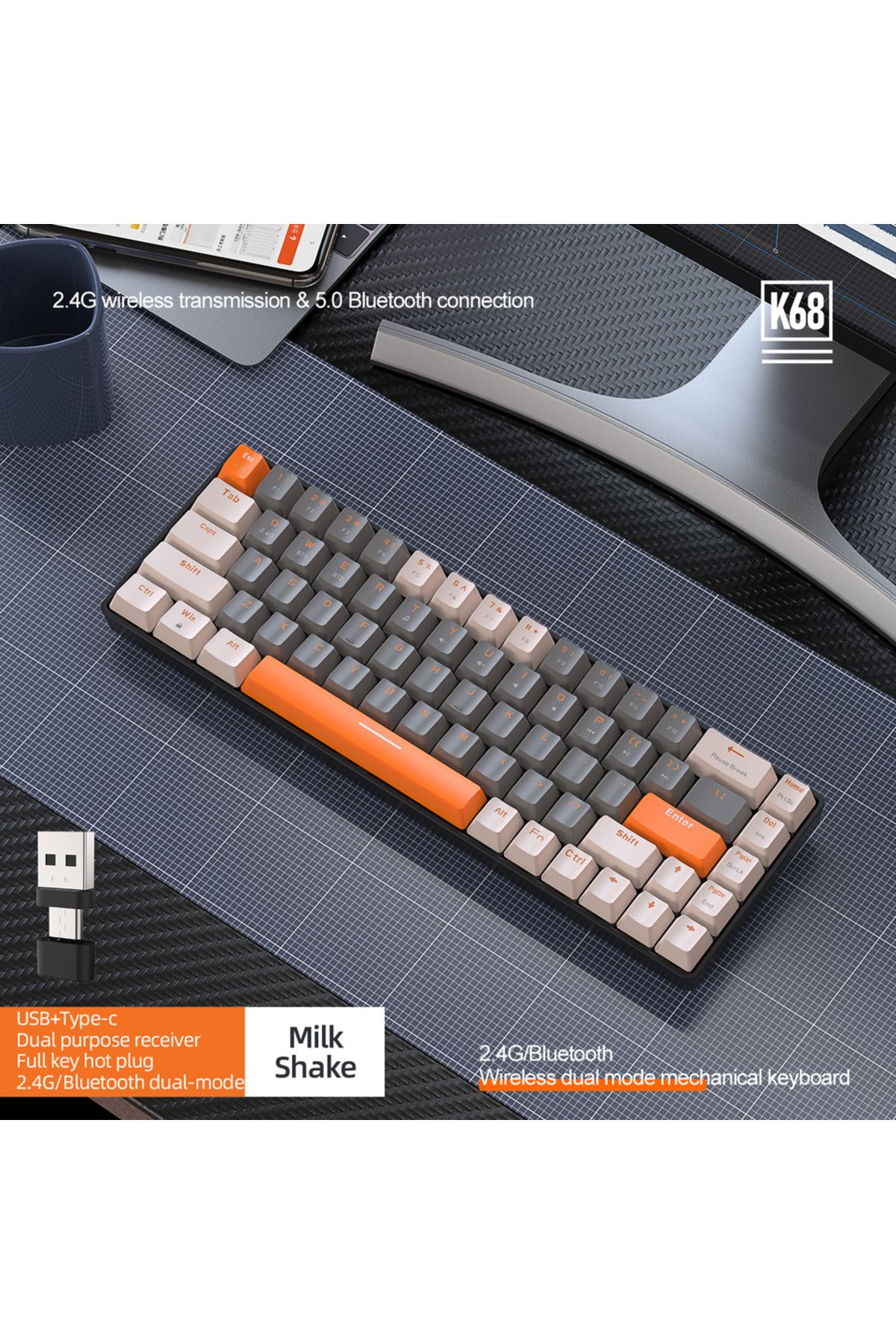 Choice-Red Switch Black 60% Wireless Mechanical Keyboard Bluetooth Dual Mode Hot-Swap Ziyoulang K68 Mini Ke 1