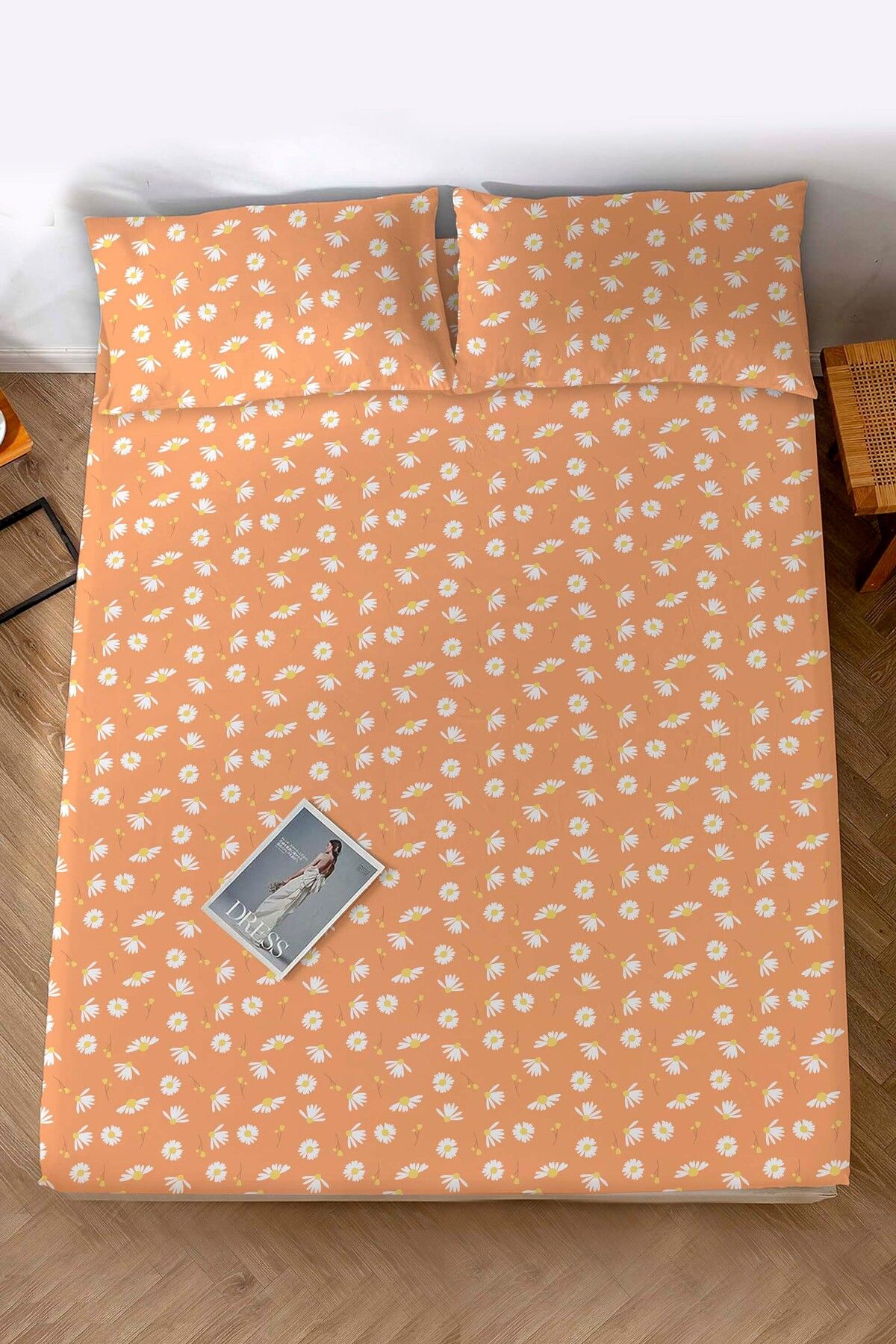 Rivaİstanbul-Double Cotton Bed Sheet - Orange Daisy 2