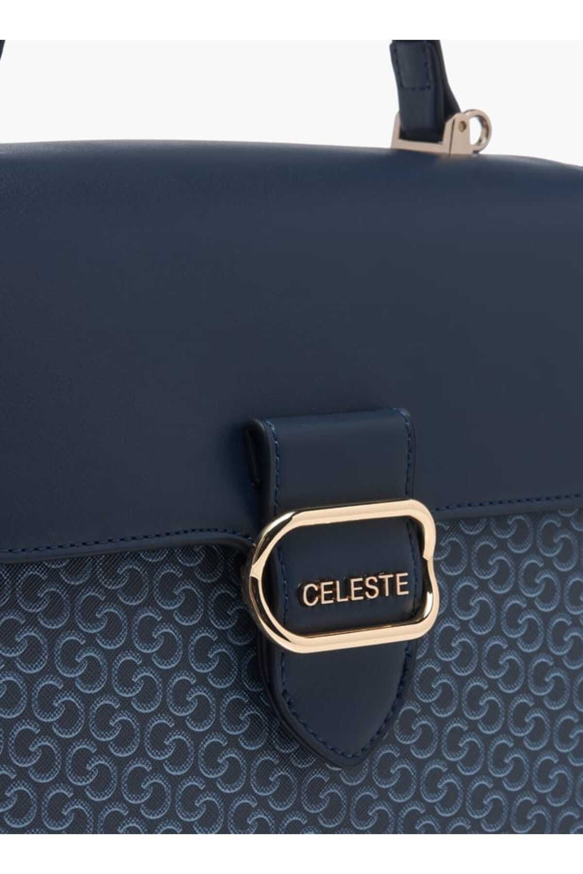 Celeste-Monogram Print Satchel Bag with Grab Handle and Button Closure 4