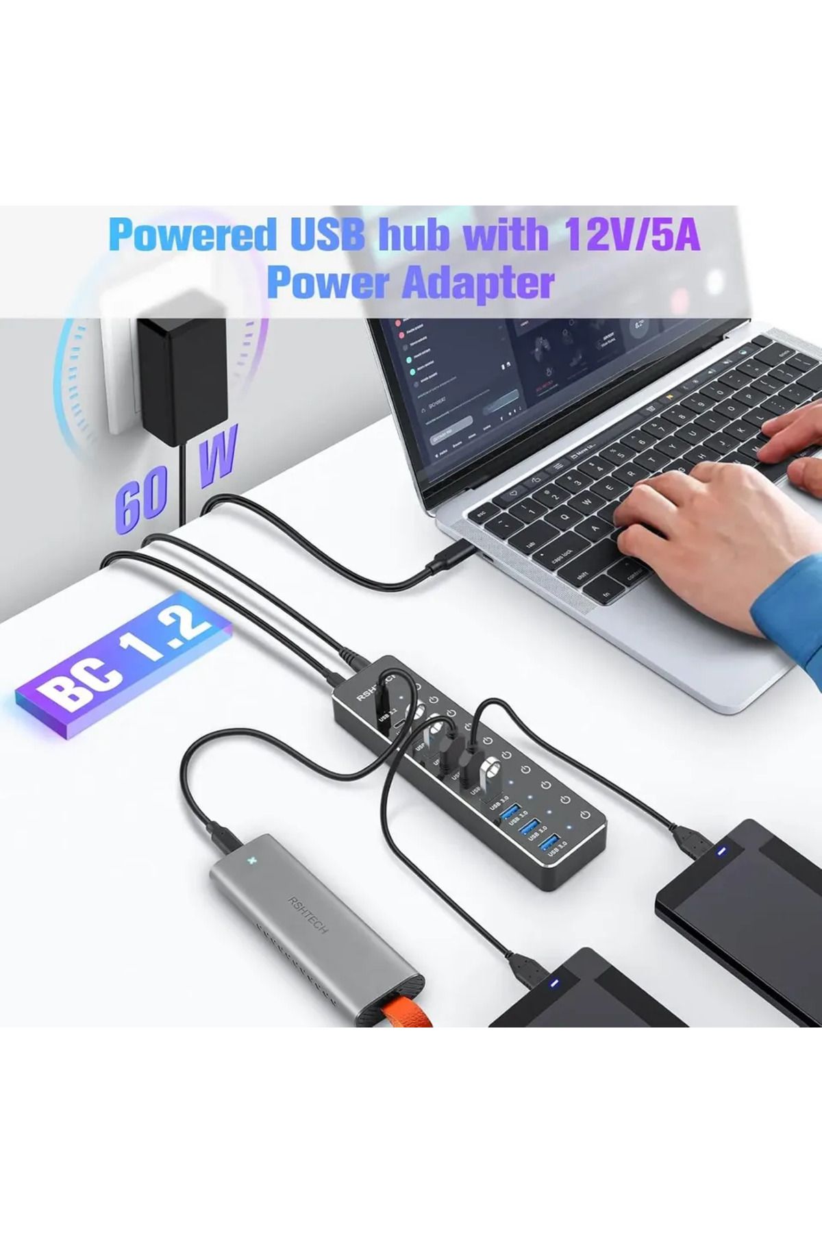 Choice-Eu Plug Adapter Rshtech Usb Hub 10-port Usb C Hubs 60w With 10gbps Data Transfer Ports Individual To 4