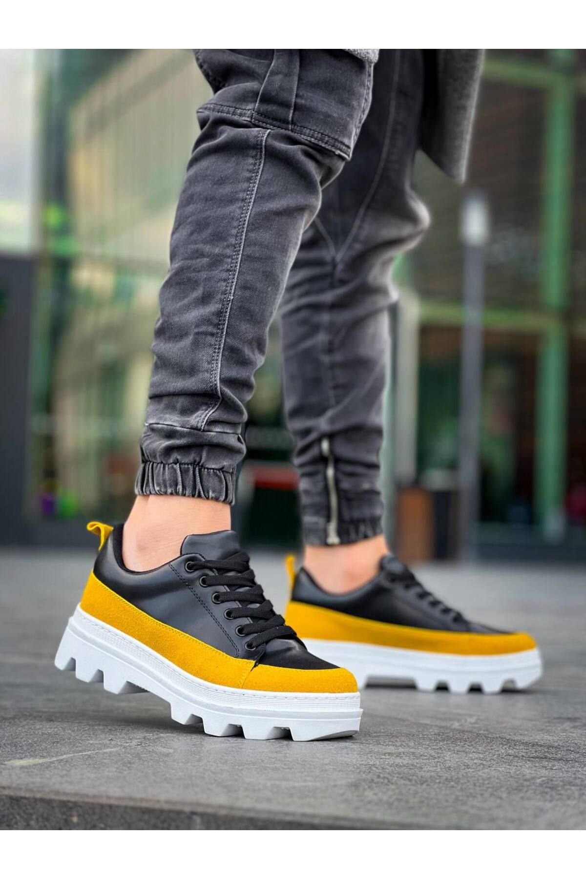 BOA-Kb 056 Black Yellow Detailed White High Sole Casual Sneakers 2