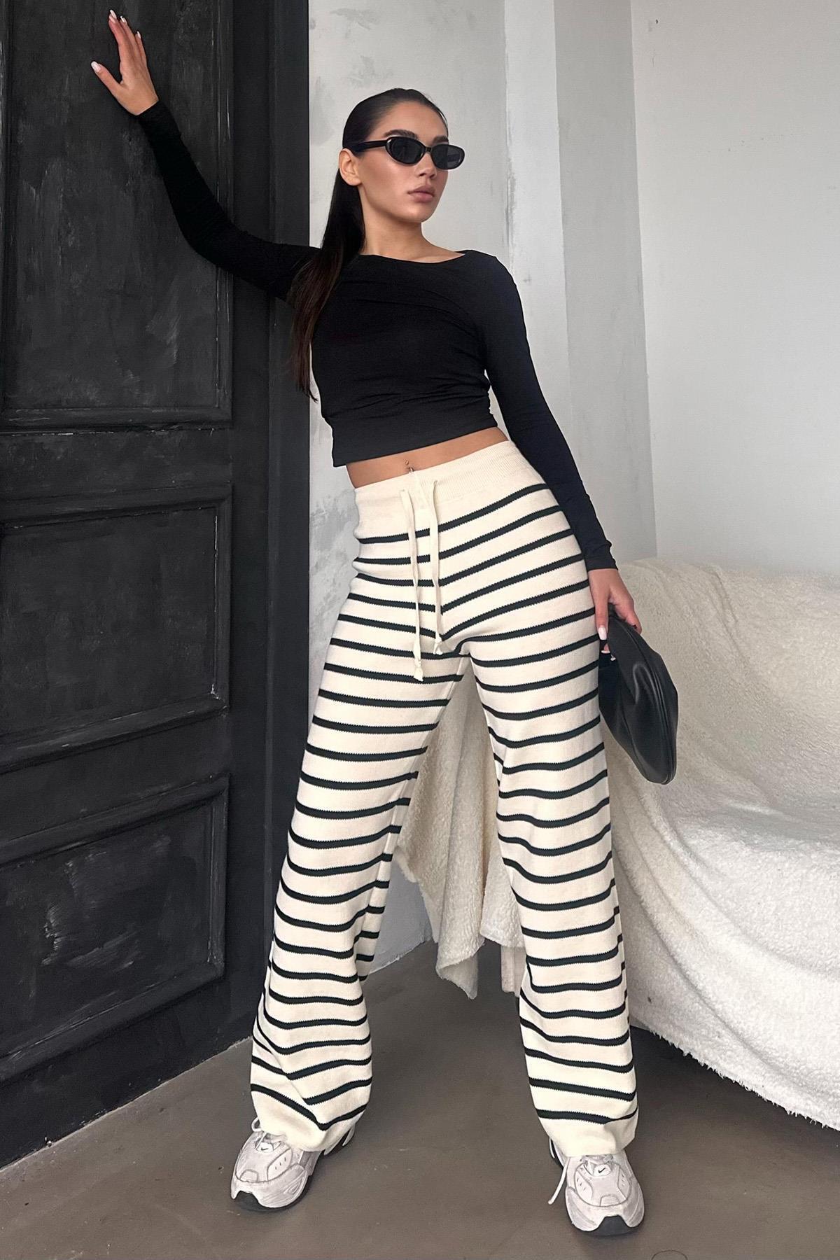 Madmext Ekru Çizgili Kadın Triko Pantolon Mg2342 görsel 7
