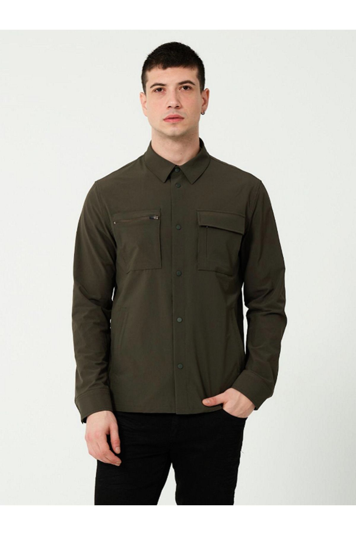 PIQUE-Men's Long Sleeve Pocket Detailed Snap Closure Khaki Shirt Crow 2