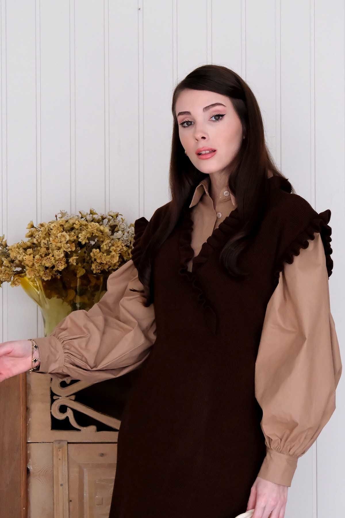 Ceylan Otantik-Bitter Brown Ruffle Collar Gilet 5