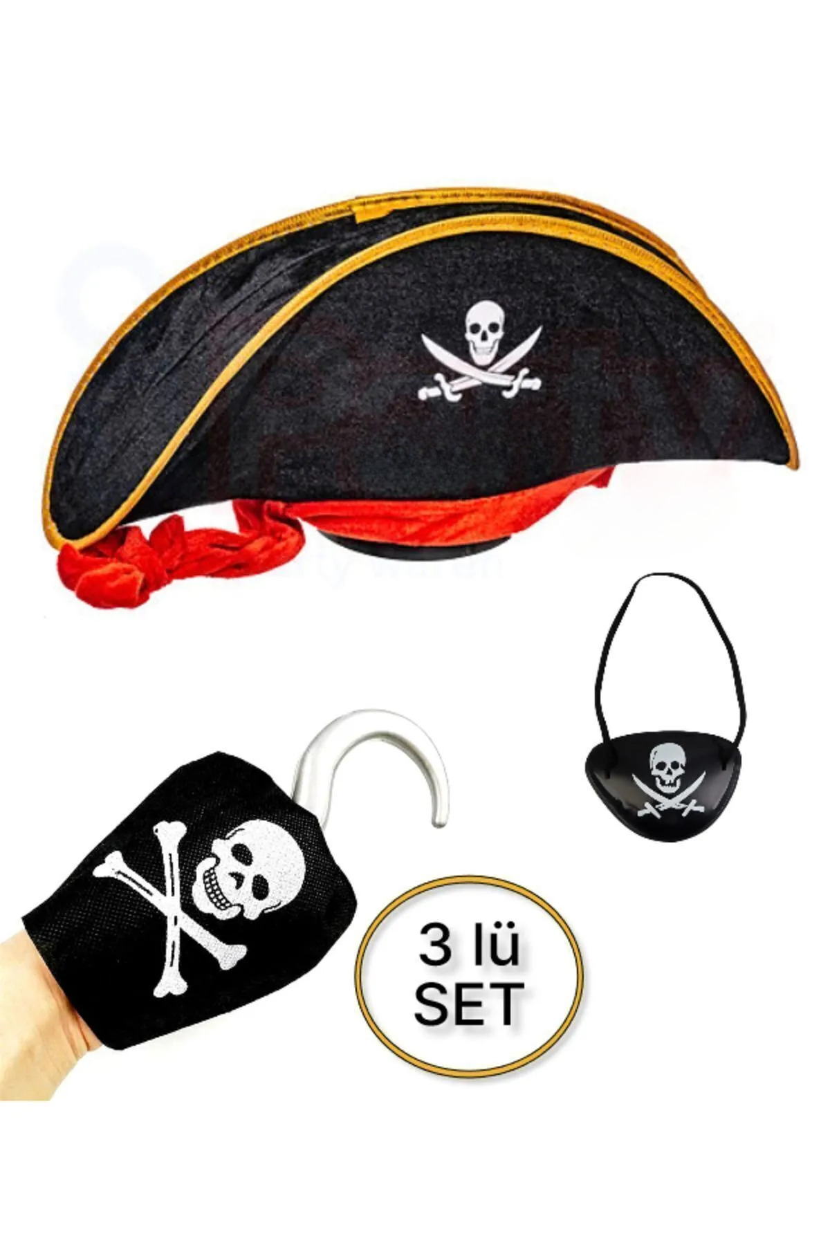 ReilaParty Kaptan Jack Sparrow Kadife Şapka - Kanca - Göz Maskesi