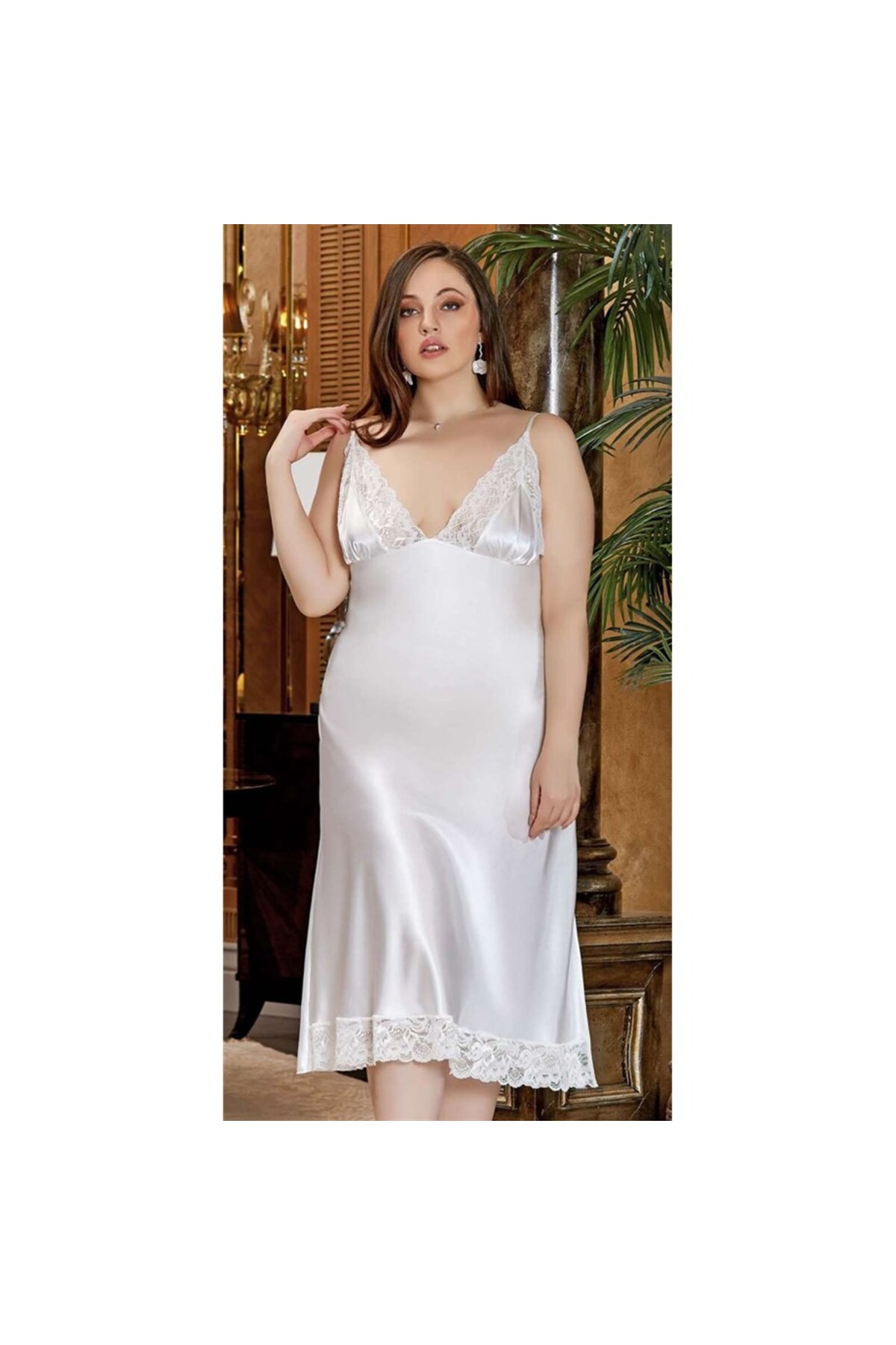 Jeremi 3247 Ipek Saten Battal Ikili Uzun Gecelik Sabahlık Takım - Krem