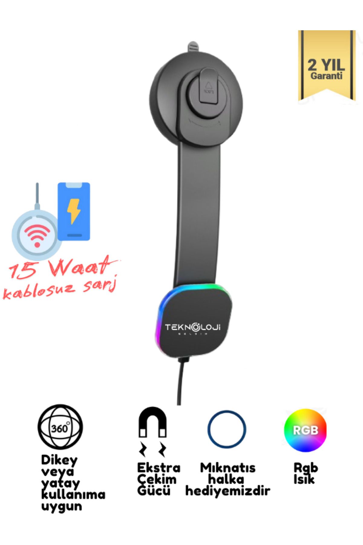 Teknoloji Gelsin Magesafe Şarjlı Telefon Tutucu 15 Watt Rgb Araç Şarjı ve Tutucu 2in1 Mıknatıslı Kablosuz Universal