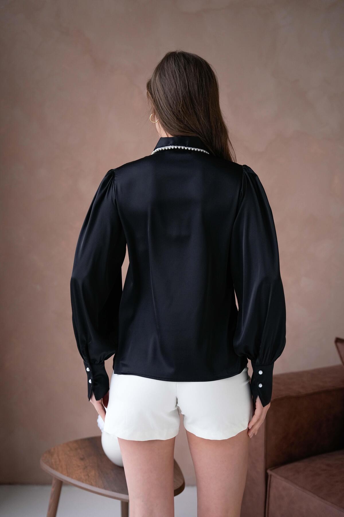 minaaise  Kadın Siyah İnci Detaylı Aksesuarlı Saten Gömlek 29054 - Görsel 8