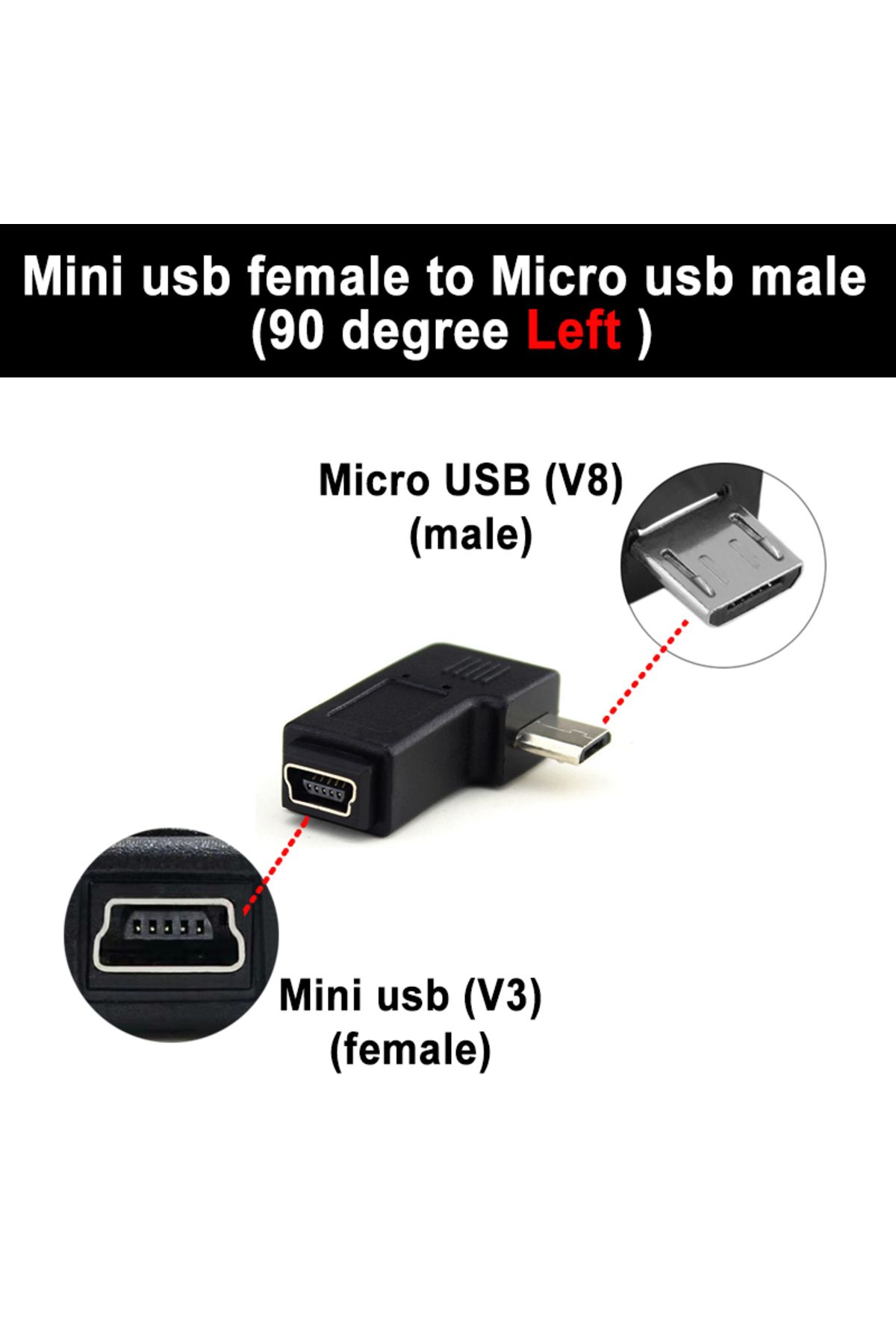 Choice-محول USB صغير أنثى إلى USB صغير ذكر من النوع V3 إلى V8 مع انحناء يسار، 5 سنون، مزامنة بيانات بزاوية 90 درجة 1