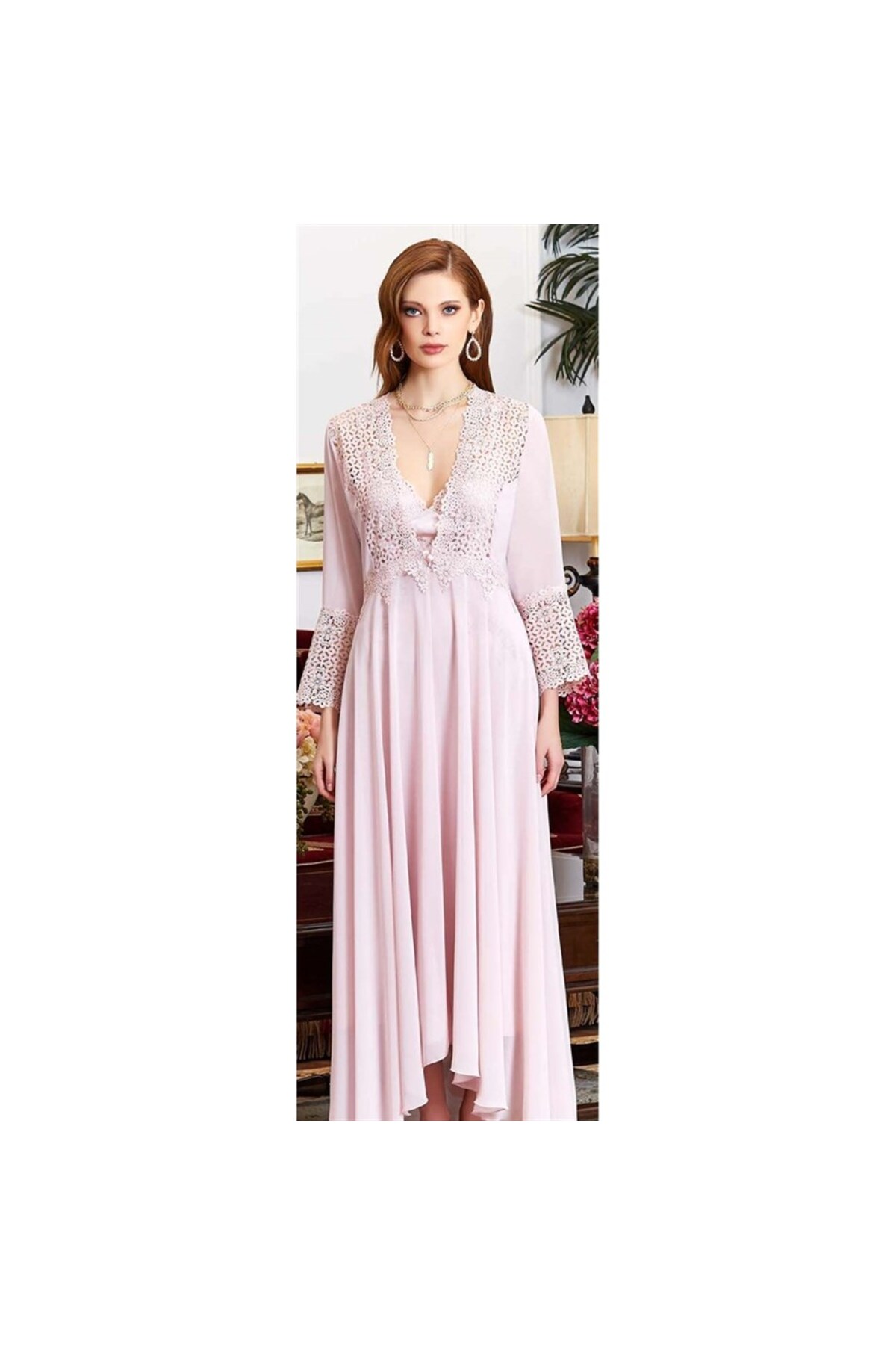 Jeremi 3075 Çeyizlik Ipek Saten Dantelli Ikili Uzun Gecelik Sabahlıklı Takım - Pudra