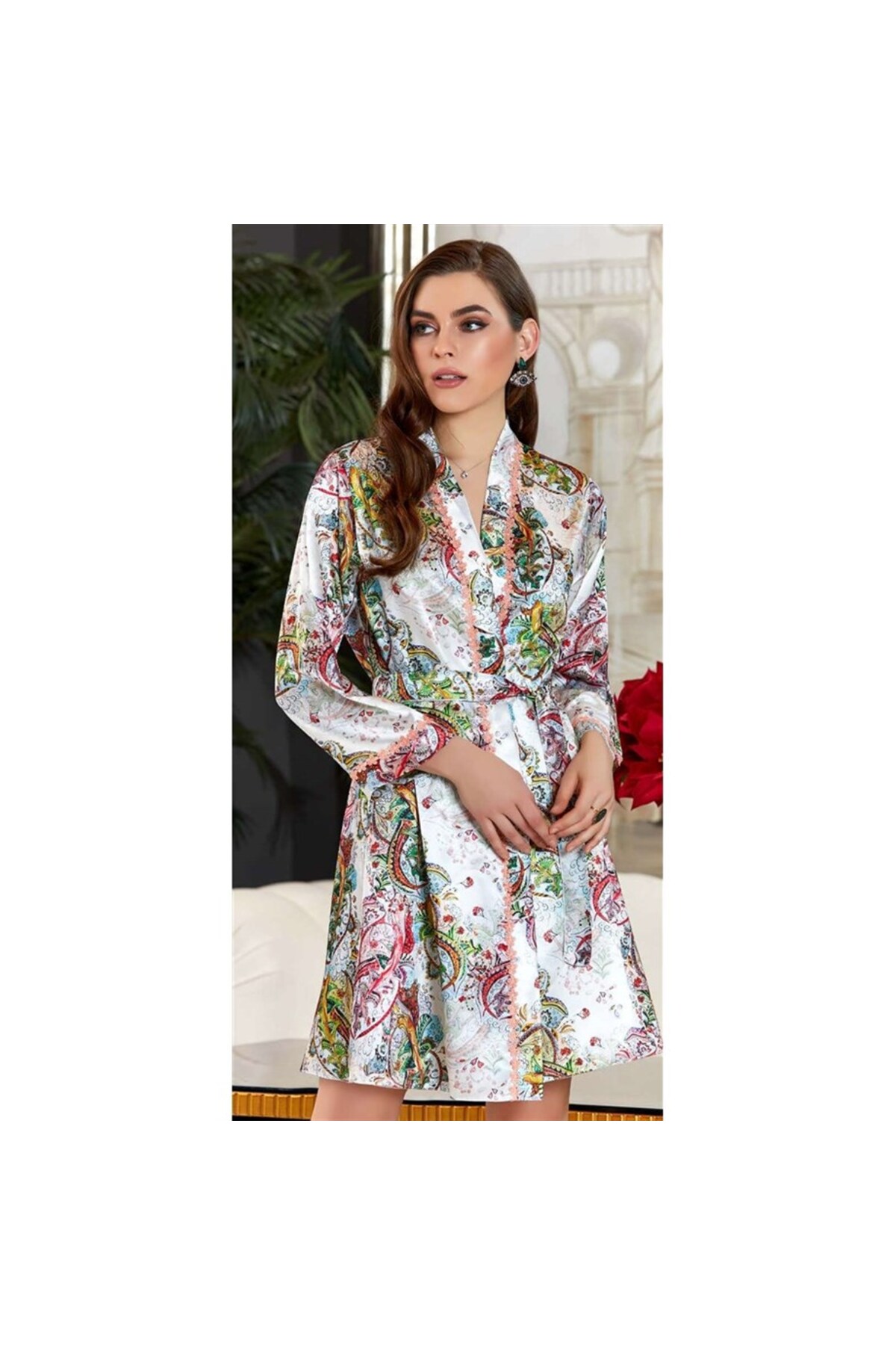 Jeremi 3139 Çeyizlik Ipek Saten Ikili Kısa Gecelik Sabahlıklı Takım - Krem